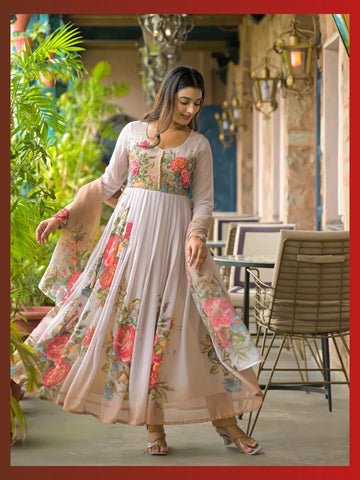 Women’s Pure Anarkali Chiffon Kurta Pant & Dupatta Set (Beige Floral) - LK Brand