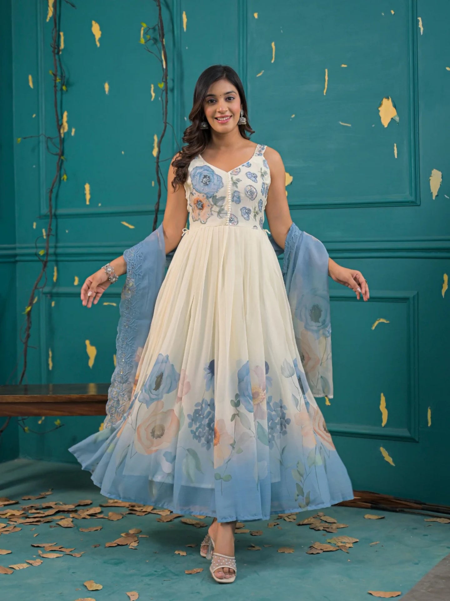 Women’s Ivory & Sky Blue Floral Pure Chiffon Sleeveless Anarkali Kurta Pant with Dupatta – Set of 3 - LK Brand