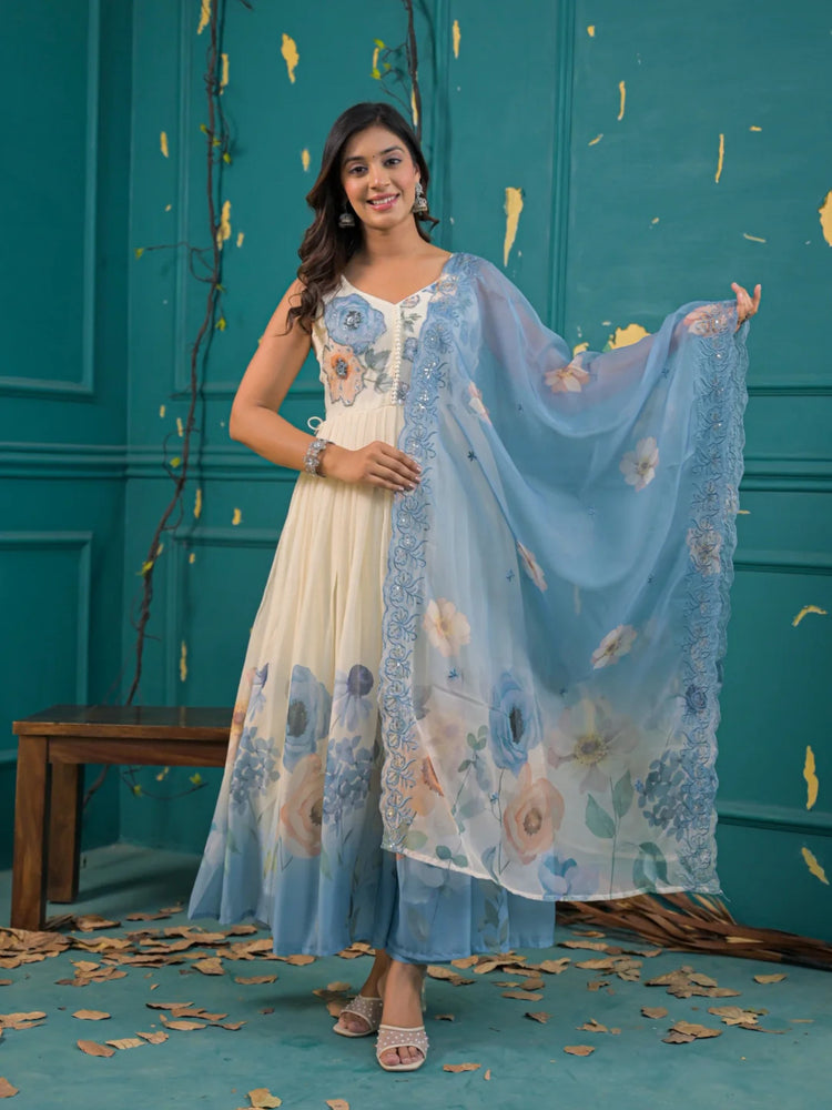 Women’s Ivory & Sky Blue Floral Pure Chiffon Sleeveless Anarkali Kurta Pant with Dupatta – Set of 3 - LK Brand