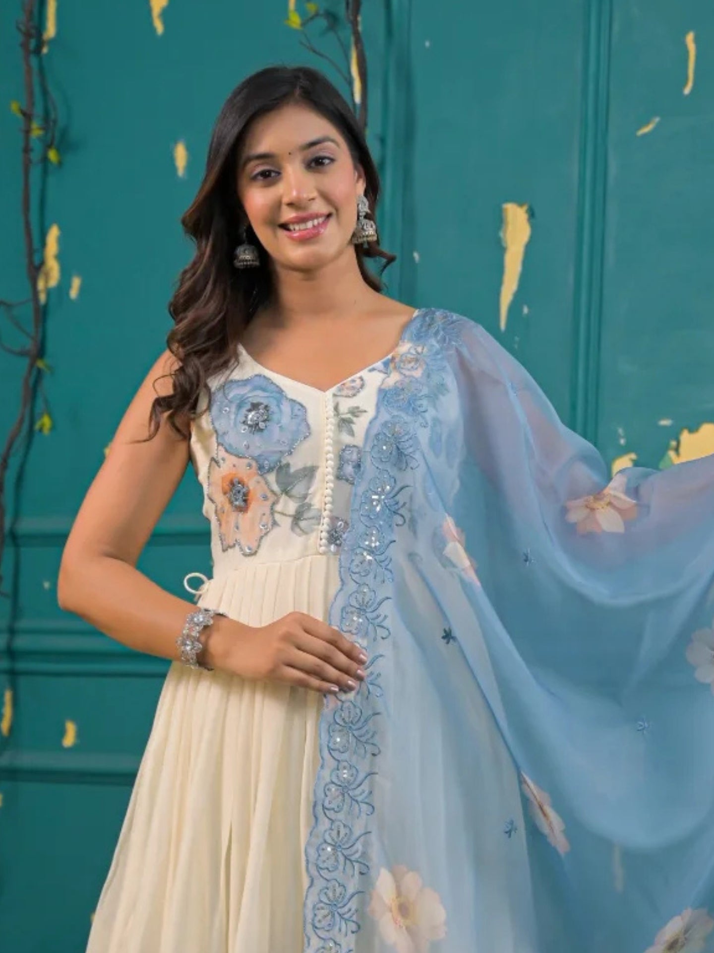 Women’s Ivory & Sky Blue Floral Pure Chiffon Sleeveless Anarkali Kurta Pant with Dupatta – Set of 3 - LK Brand