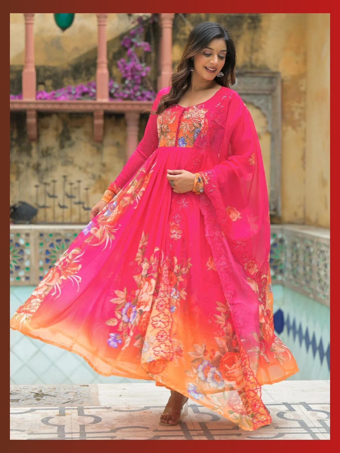 Women’s Pure Anarkali Chiffon Kurta Pant & Dupatta Set (Pink-Orange Ombre) - LK Brand