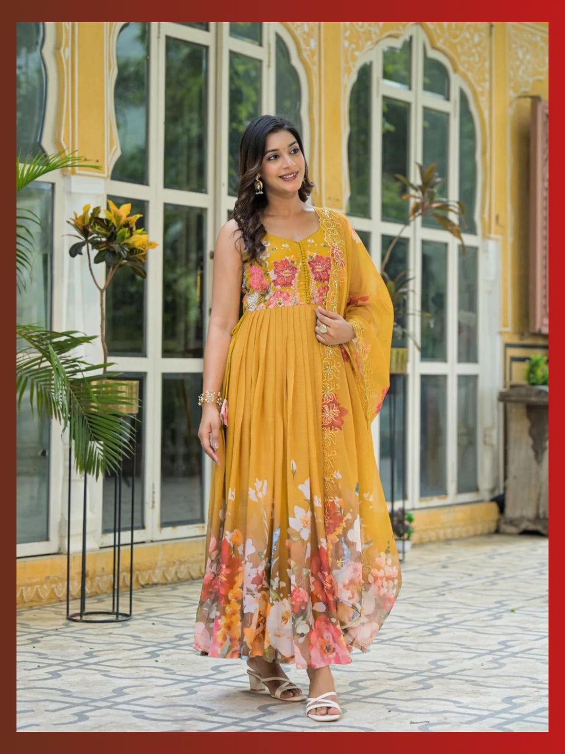 Women’s Pure Anarkali Chiffon Kurta Pant & Dupatta Set (Yellow) - LK Brand