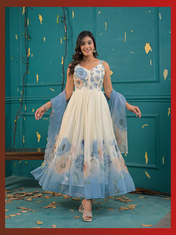 Women’s Ivory & Sky Blue Floral Pure Chiffon Sleeveless Anarkali Kurta Pant with Dupatta – Set of 3