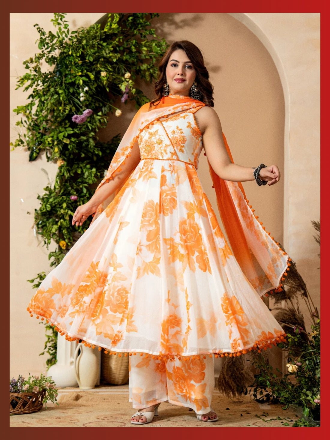 Women’s White-Rust Pure Anarkali Chiffon Pom Pom Kurta Divider Pant & Dupatta Set - LK Brand