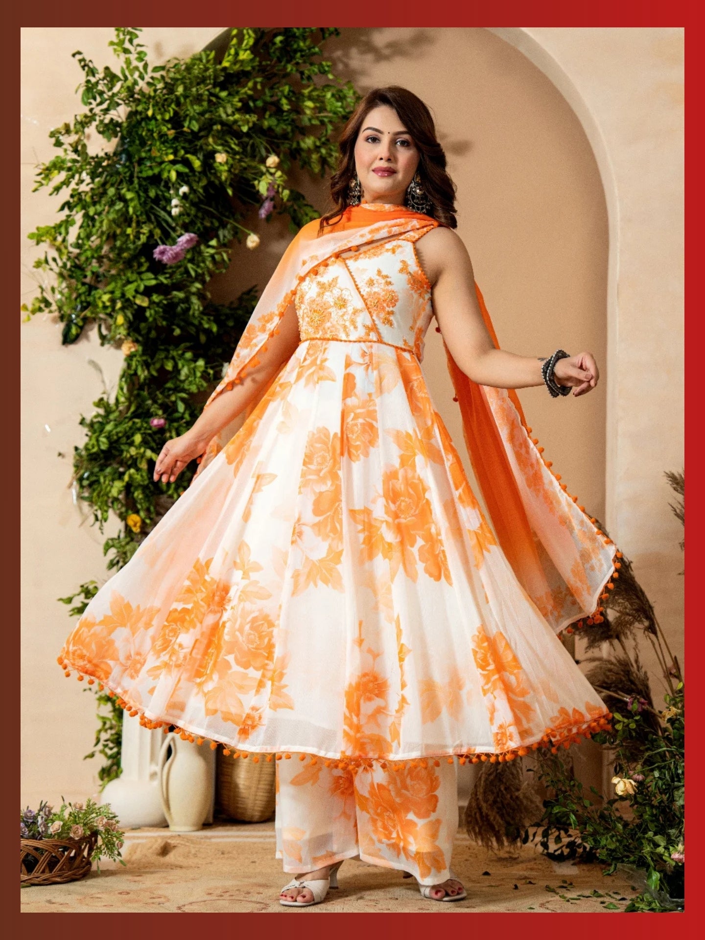 Women’s White-Rust Pure Anarkali Chiffon Pom Pom Kurta Divider Pant & Dupatta Set - LK Brand