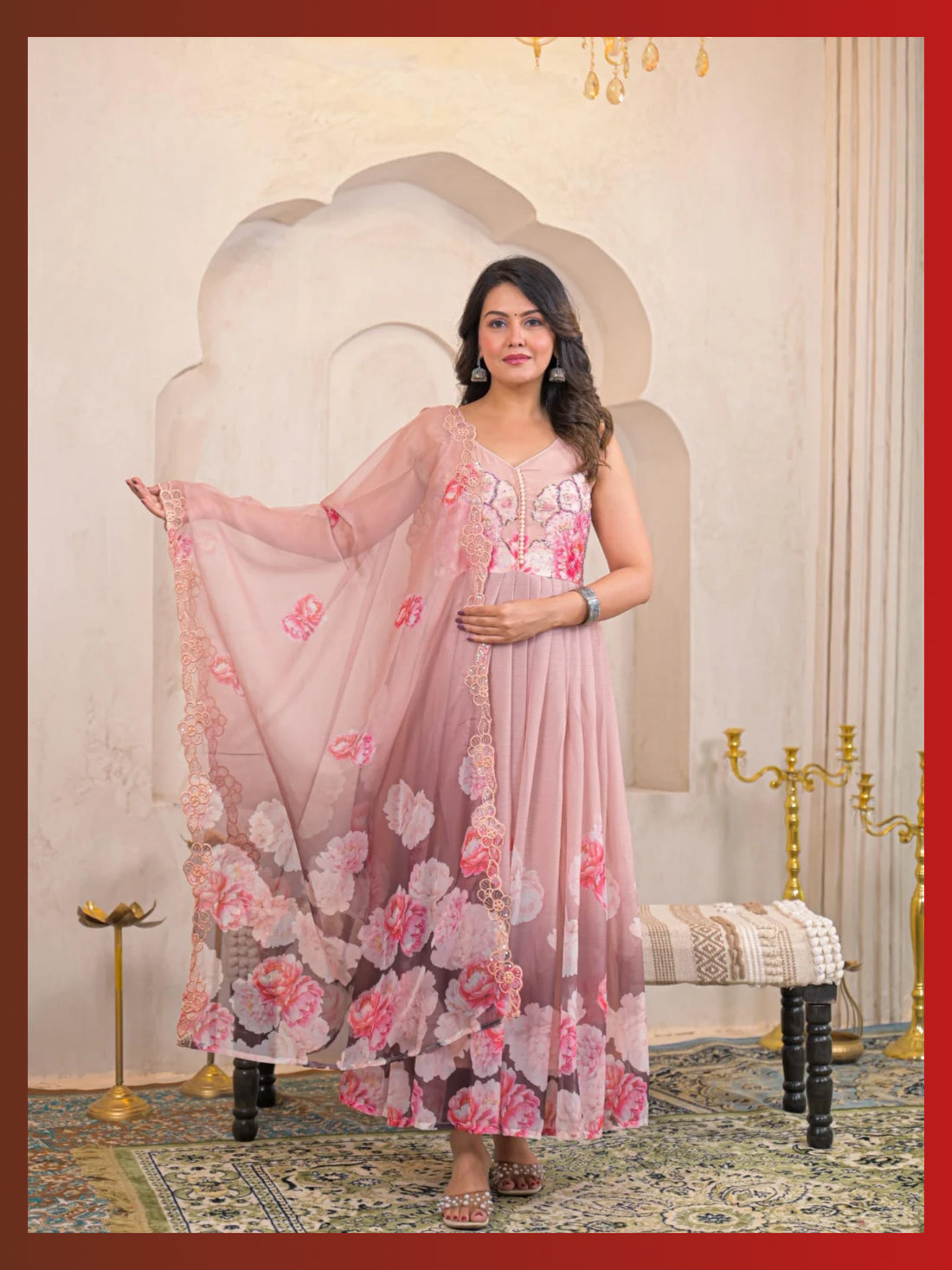 Women’s Pure Anarkali Chiffon Kurta Pant & Dupatta Set - LK Brand