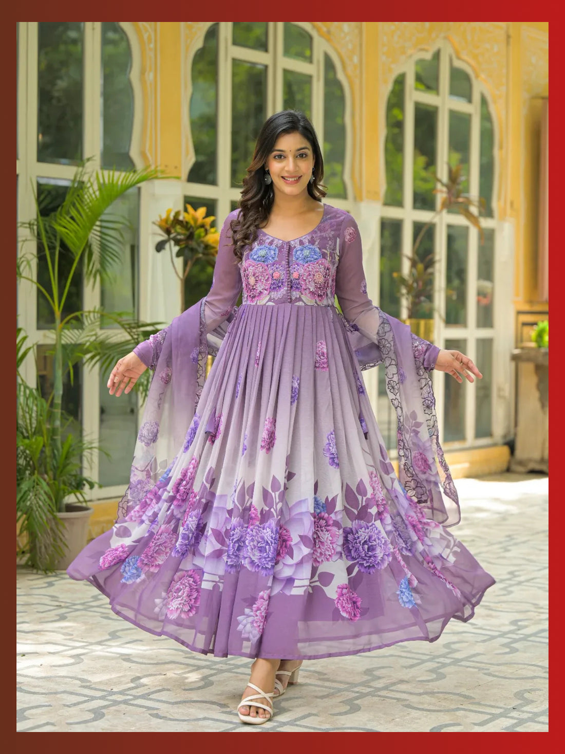 Women’s Lavender Purple Floral Pure Chiffon Anarkali Kurta Pant with Dupatta – Set of 3 - LK Brand