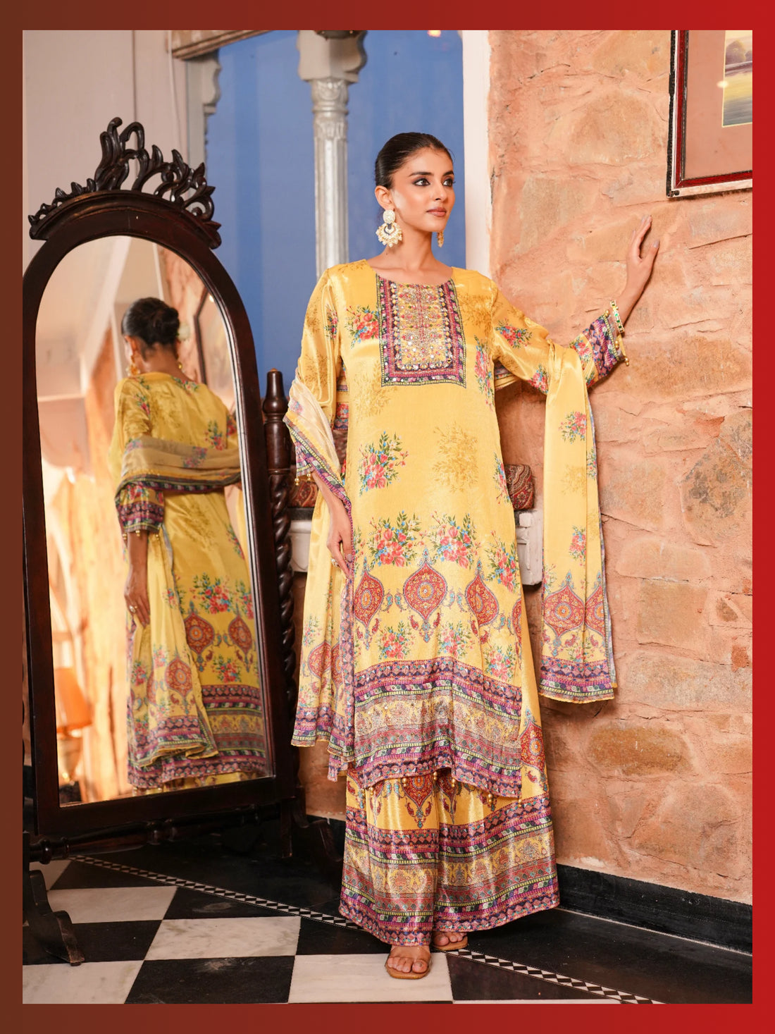 Women’s Pure Chinnon Straight Kurta with Divider Pant & Dupatta Set - LK Brand