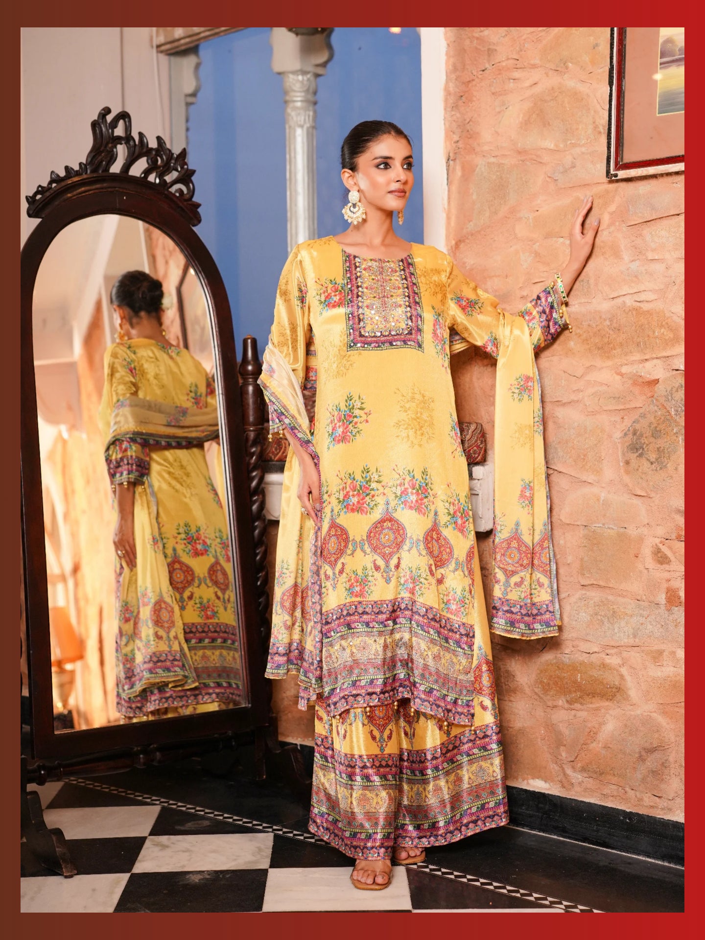 Women’s Pure Chinnon Straight Kurta with Divider Pant & Dupatta Set - LK Brand