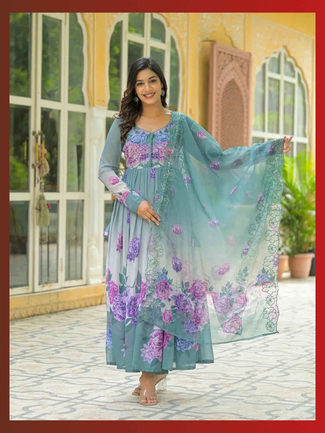 Women’s Teal Blue Floral Pure Chiffon Anarkali Kurta Pant with Dupatta – Set of 3 - LK Brand