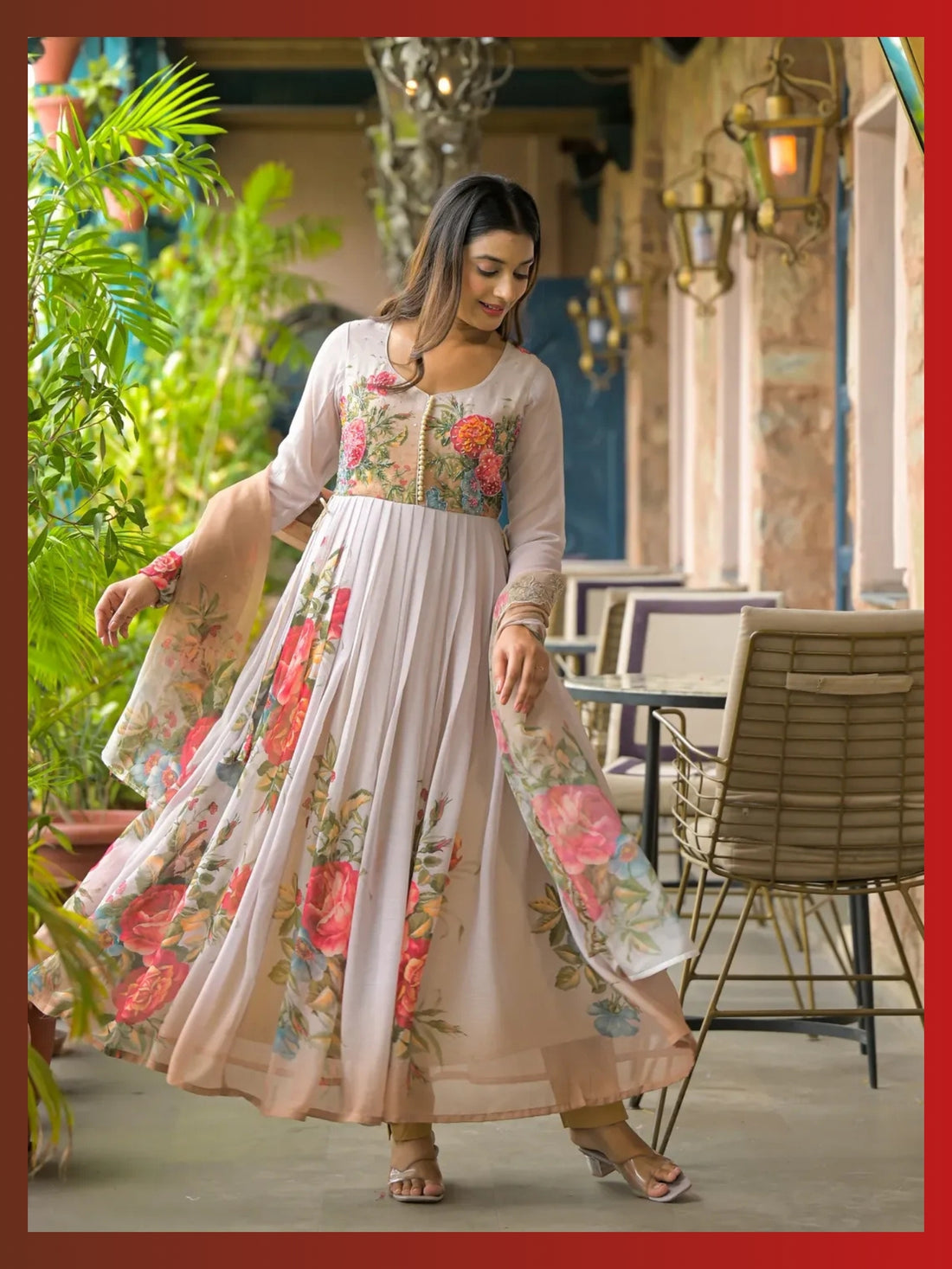 Women’s Pure Anarkali Chiffon Kurta Pant & Dupatta Set (Beige Floral) - LK Brand
