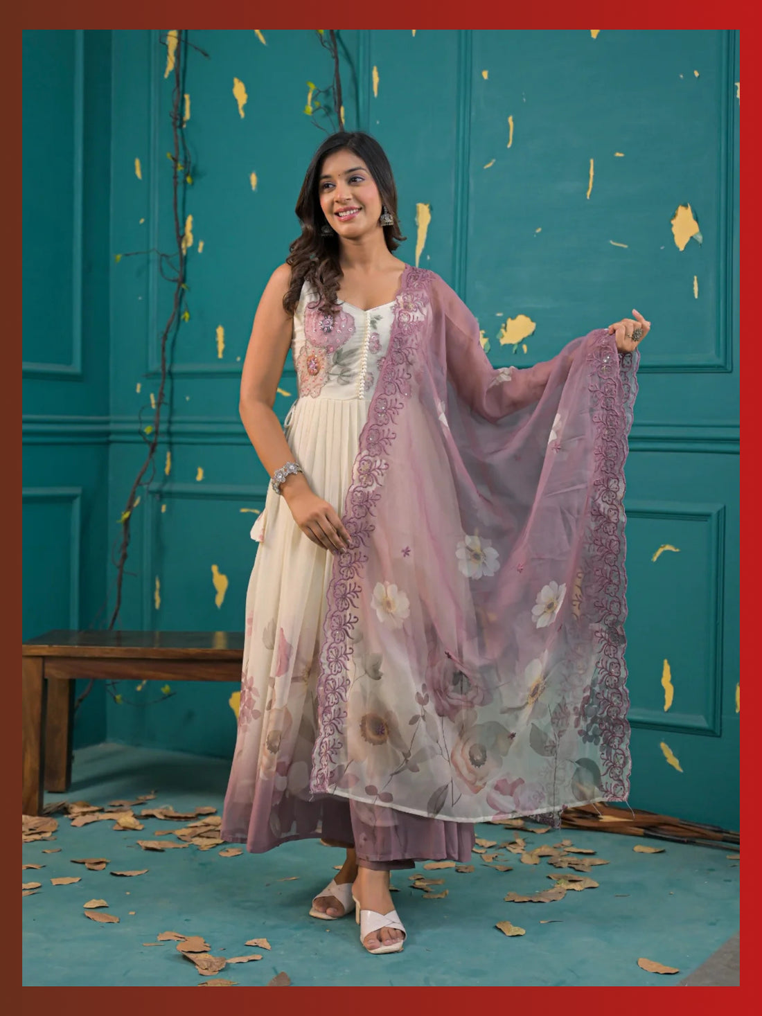 Women’s Cream & Mauve Floral Pure Chiffon Sleeveless Anarkali Kurta Pant with Dupatta – Set of 3 - LK Brand