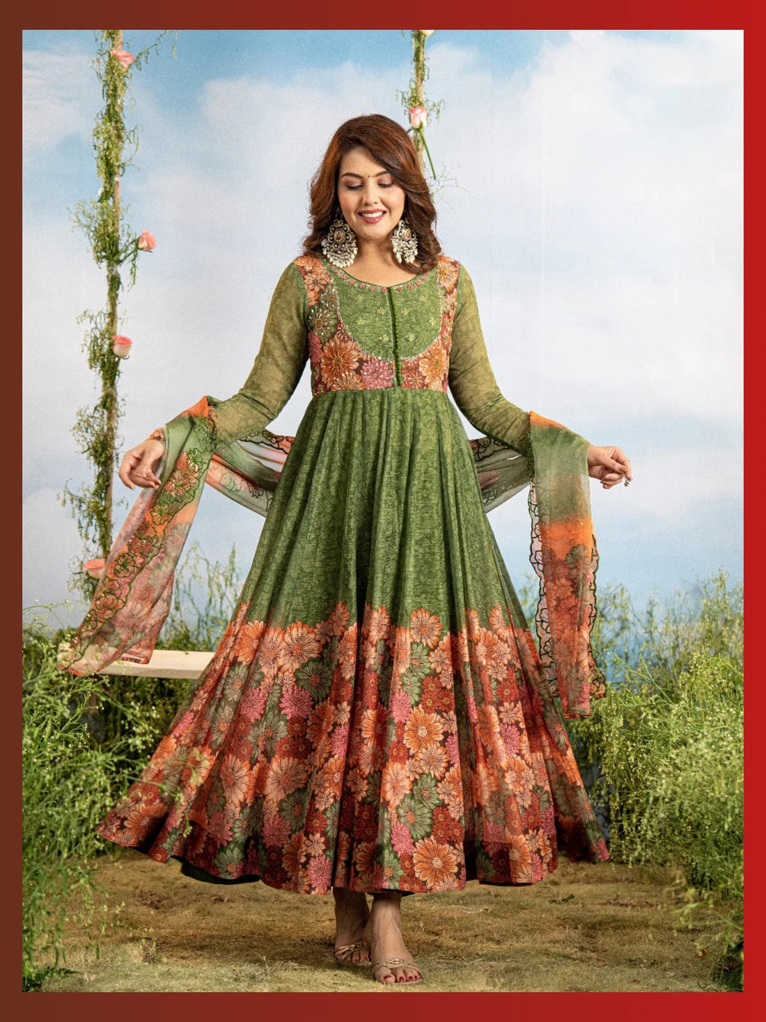 Women’s Pure Anarkali Chiffon Kurta Pant & Dupatta Set (Green) - LK Brand