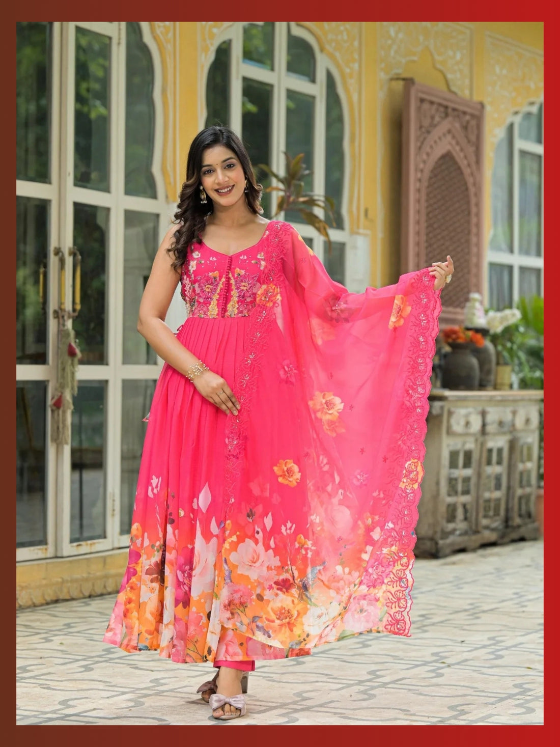 Women’s Pure Anarkali Chiffon Kurta Pant & Dupatta Set (Pink) - LK Brand