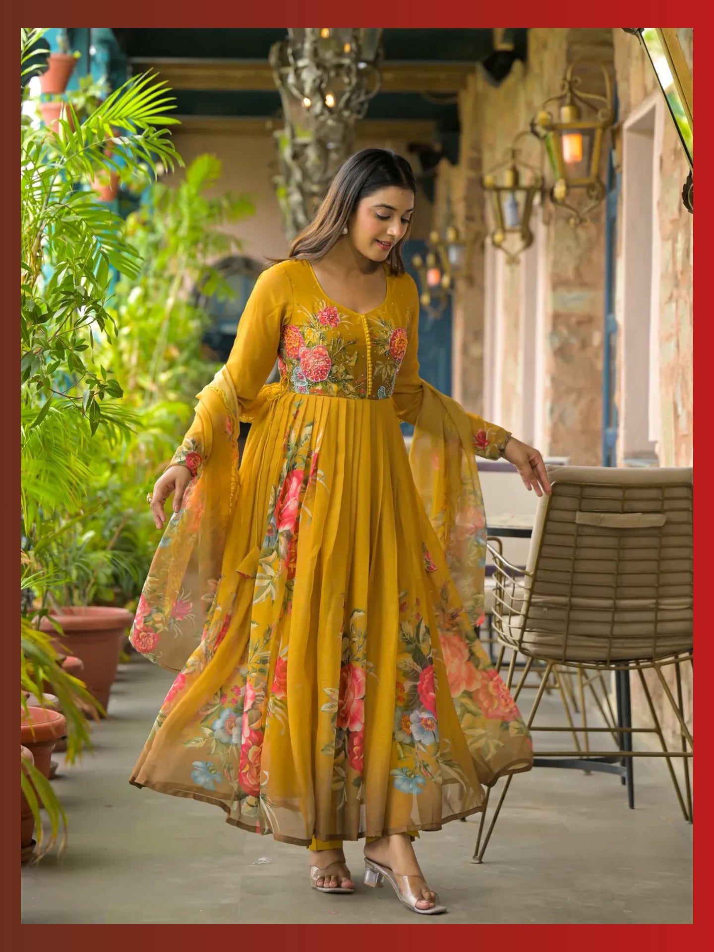 Women’s Mustard Yellow Floral Pure Chiffon Anarkali Kurta Pant with Dupatta – Set of 3 - LK Brand