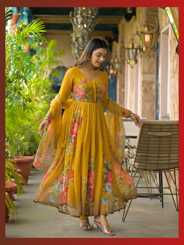 Women’s Mustard Yellow Floral Pure Chiffon Anarkali Kurta Pant with Dupatta – Set of 3