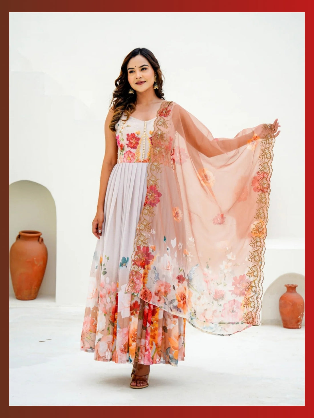 Women’s Pure Anarkali Chiffon Kurta Pant & Dupatta Set (White-Beige) - LK Brand