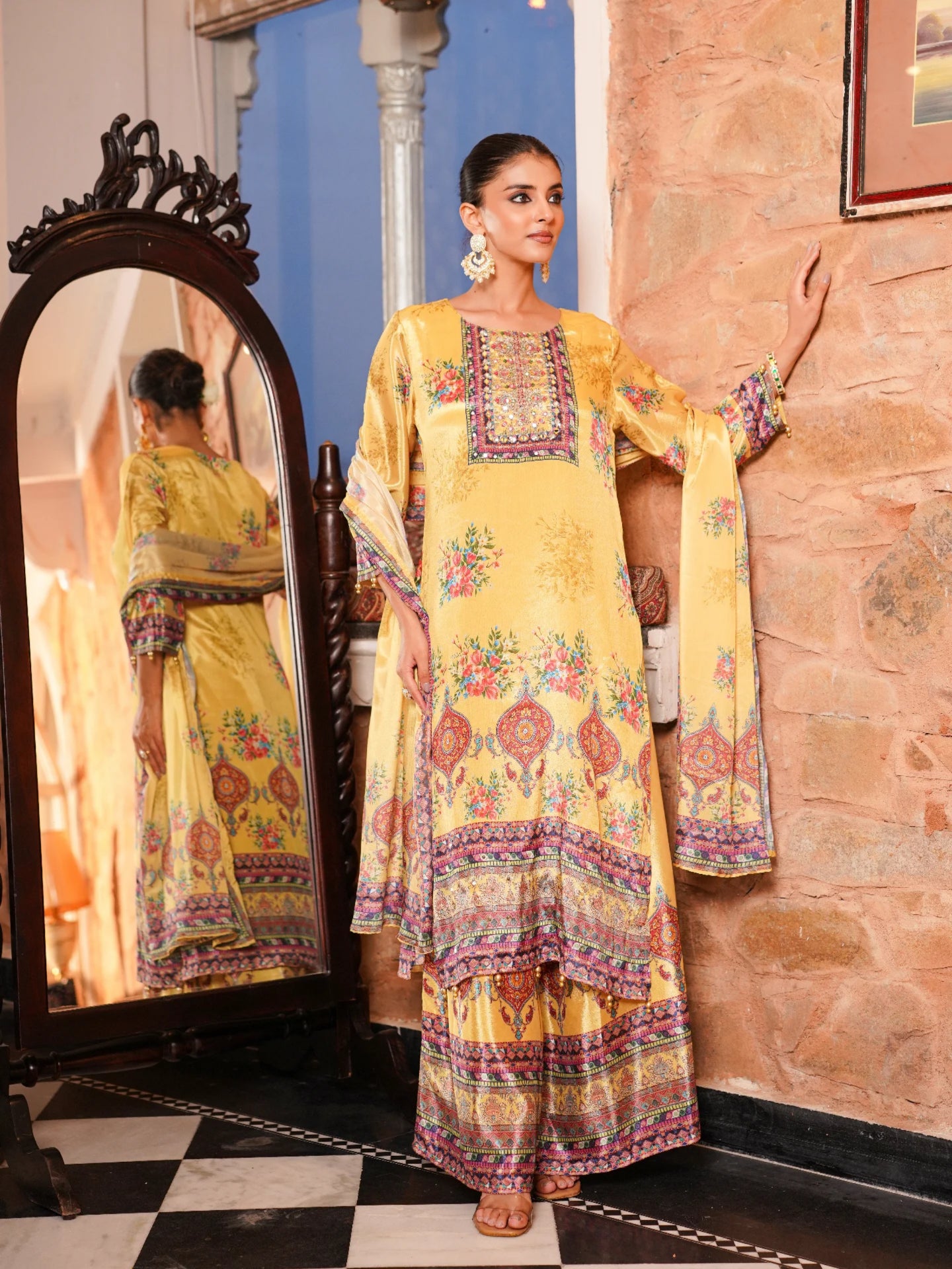 Women’s Pure Chinnon Straight Kurta with Divider Pant & Dupatta Set - LK Brand
