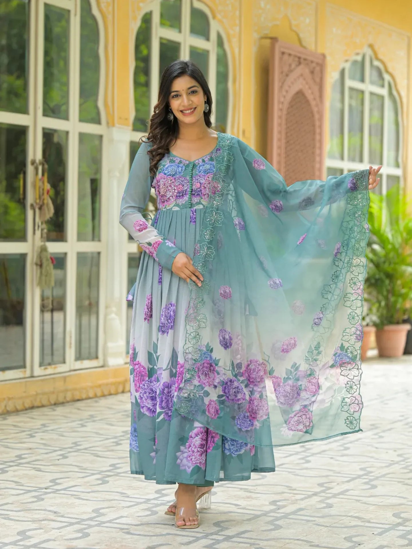 Women’s Teal Blue Floral Pure Chiffon Anarkali Kurta Pant with Dupatta – Set of 3 - LK Brand