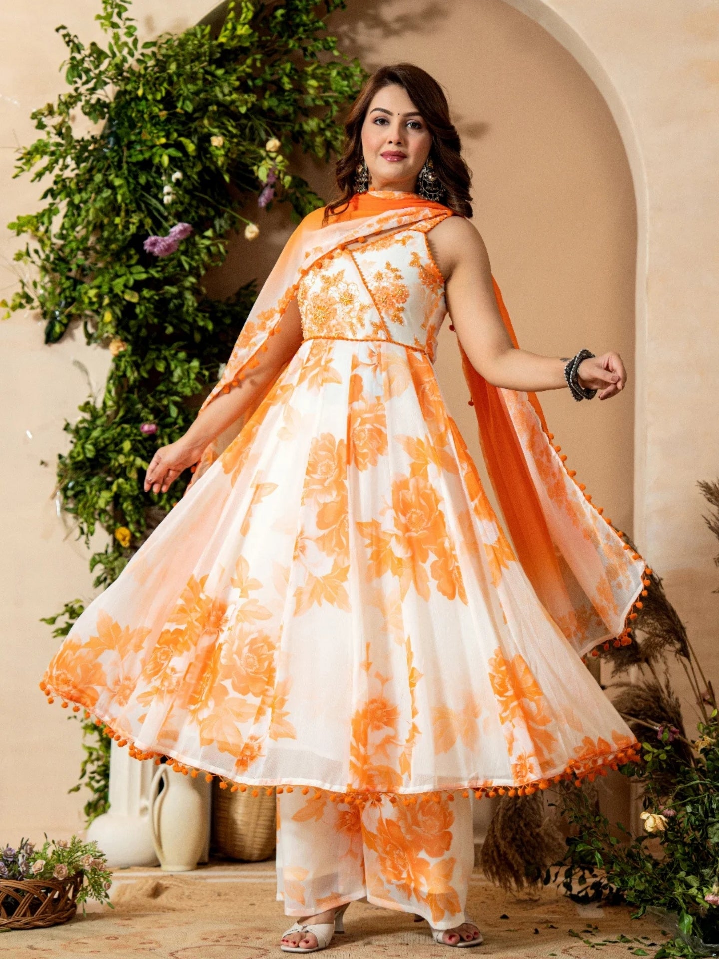 Women’s White-Rust Pure Anarkali Chiffon Pom Pom Kurta Divider Pant & Dupatta Set - LK Brand