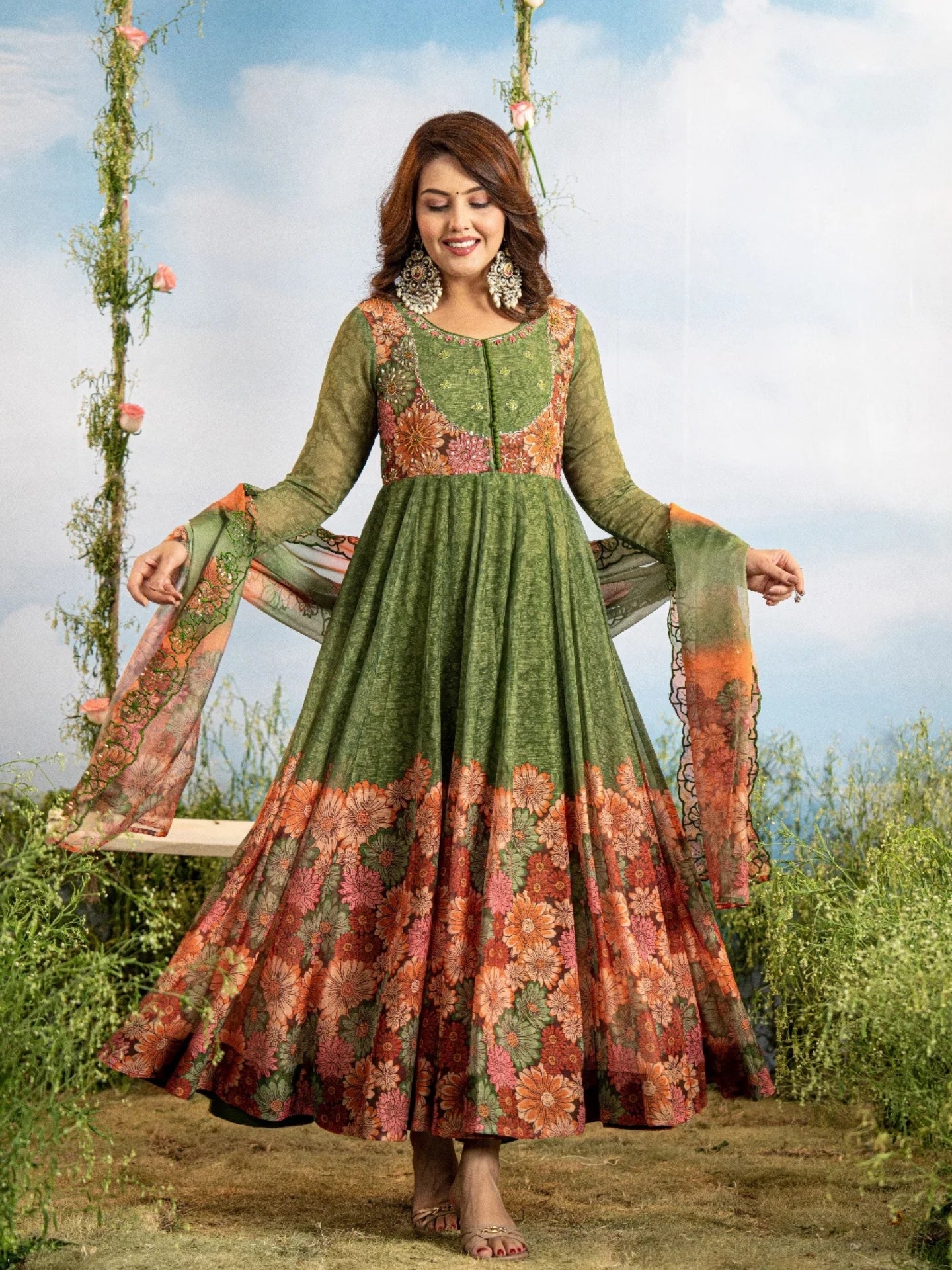Women’s Pure Anarkali Chiffon Kurta Pant & Dupatta Set (Green) - LK Brand