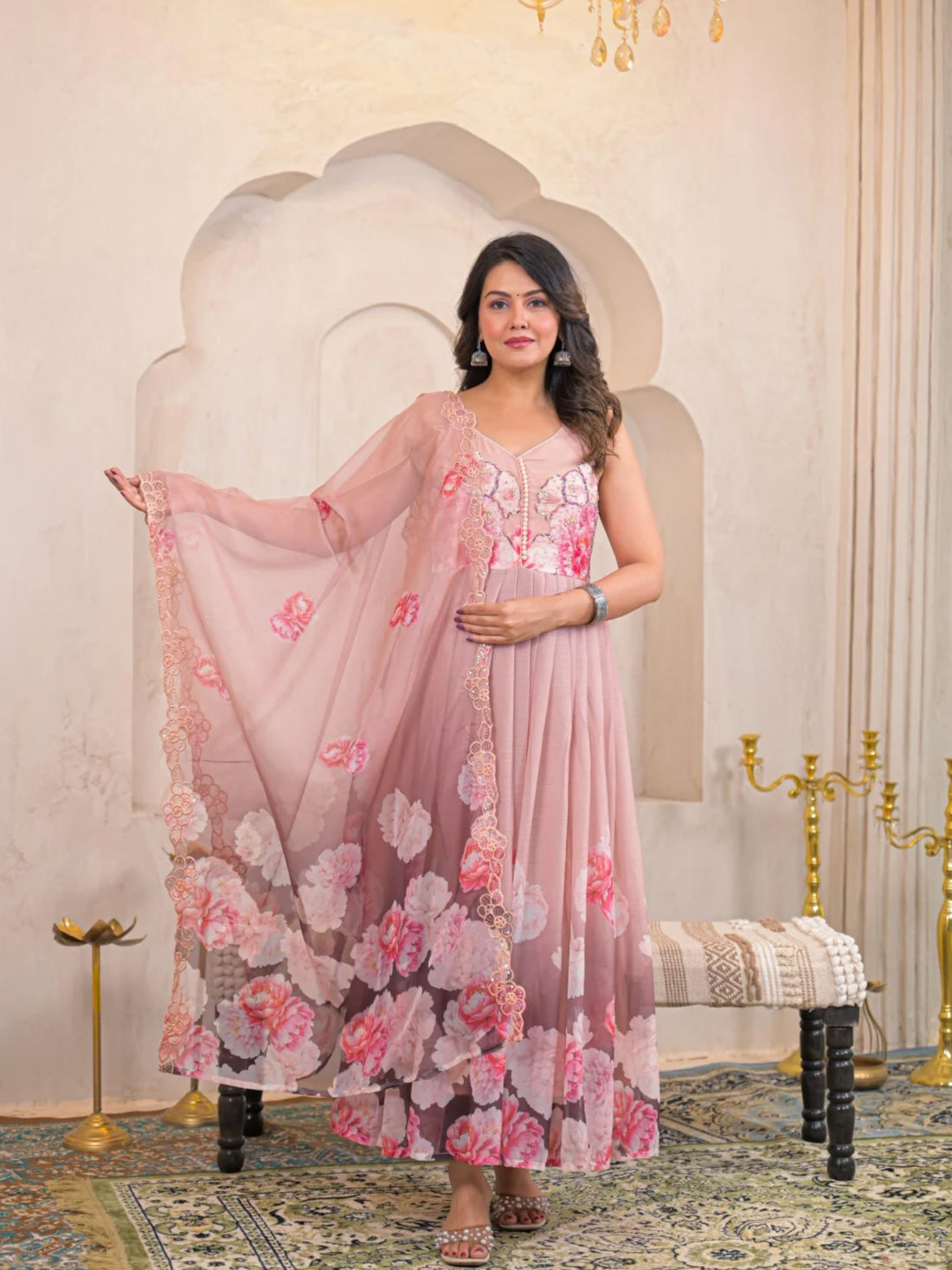 Women’s Pure Anarkali Chiffon Kurta Pant & Dupatta Set - LK Brand