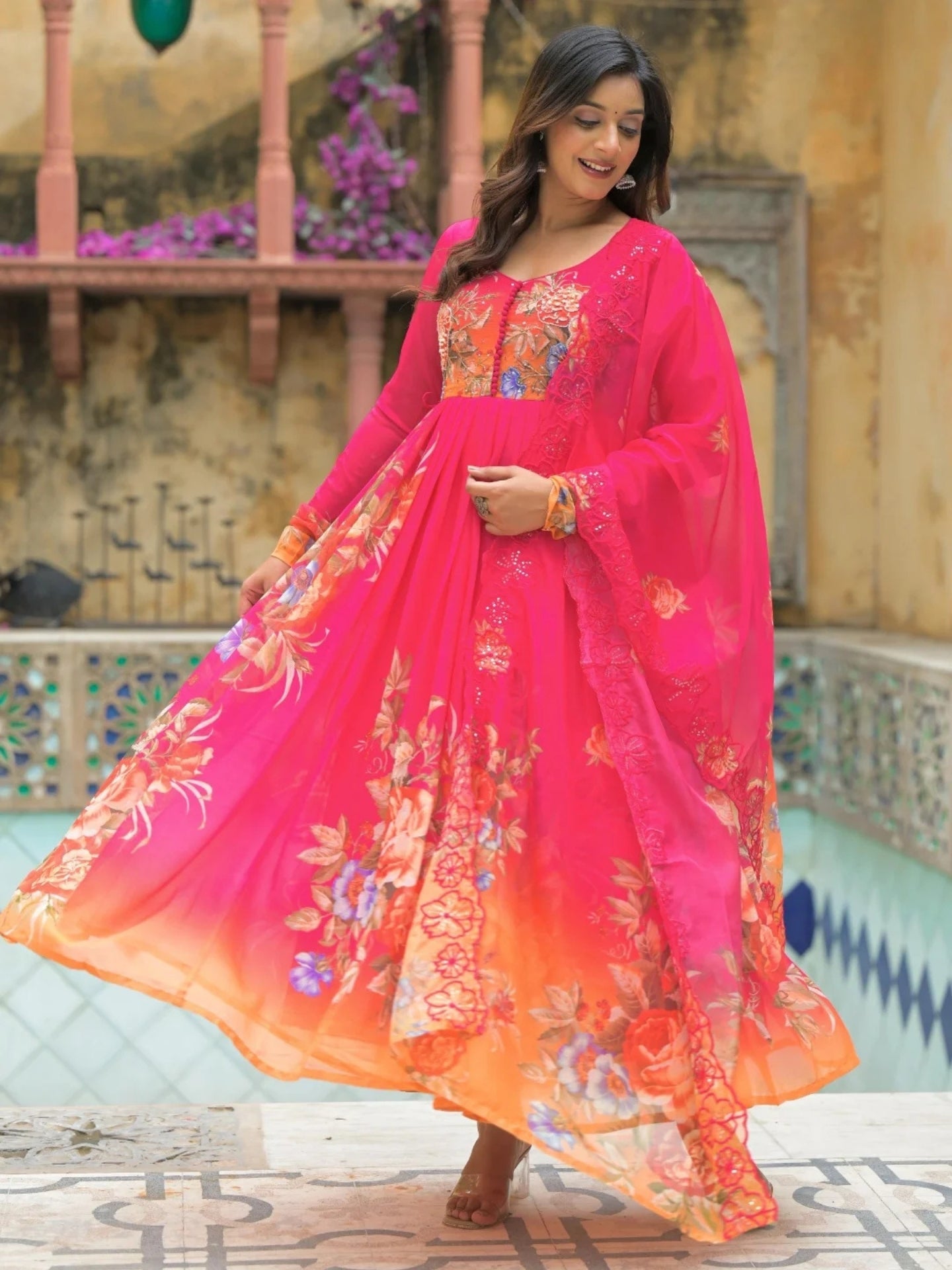Women’s Pure Anarkali Chiffon Kurta Pant & Dupatta Set (Pink-Orange Ombre) - LK Brand