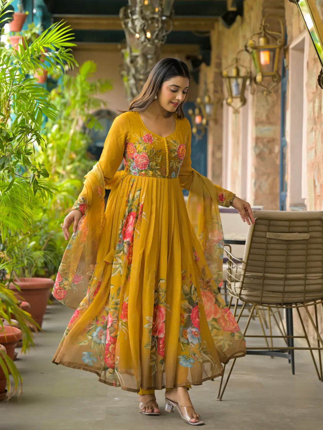 Women’s Mustard Yellow Floral Pure Chiffon Anarkali Kurta Pant with Dupatta – Set of 3 - LK Brand