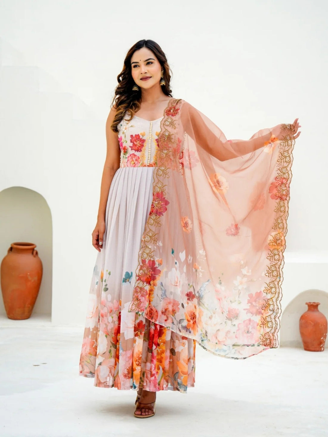 Women’s Pure Anarkali Chiffon Kurta Pant & Dupatta Set (White-Beige) - LK Brand