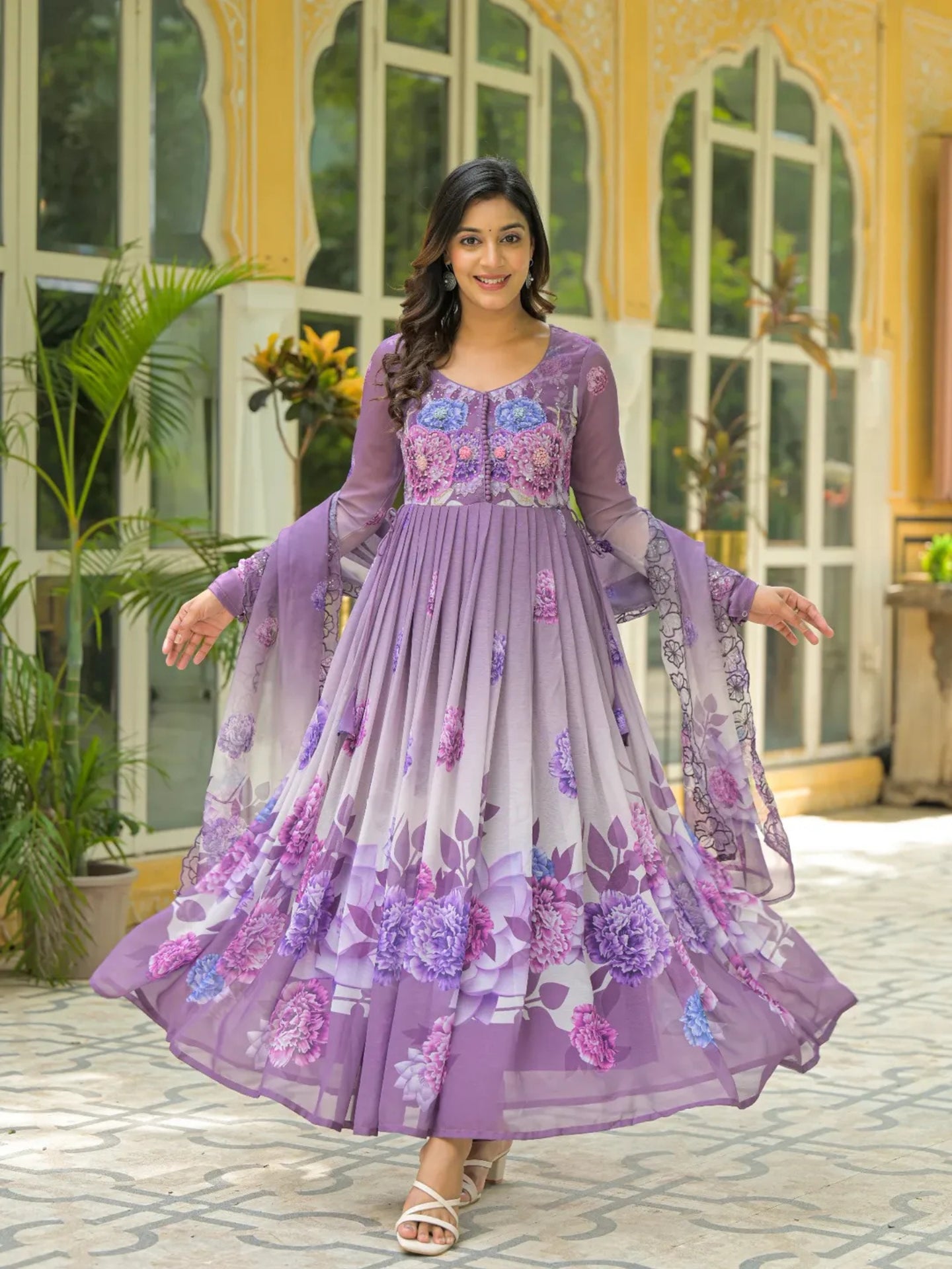 Women’s Lavender Purple Floral Pure Chiffon Anarkali Kurta Pant with Dupatta – Set of 3 - LK Brand