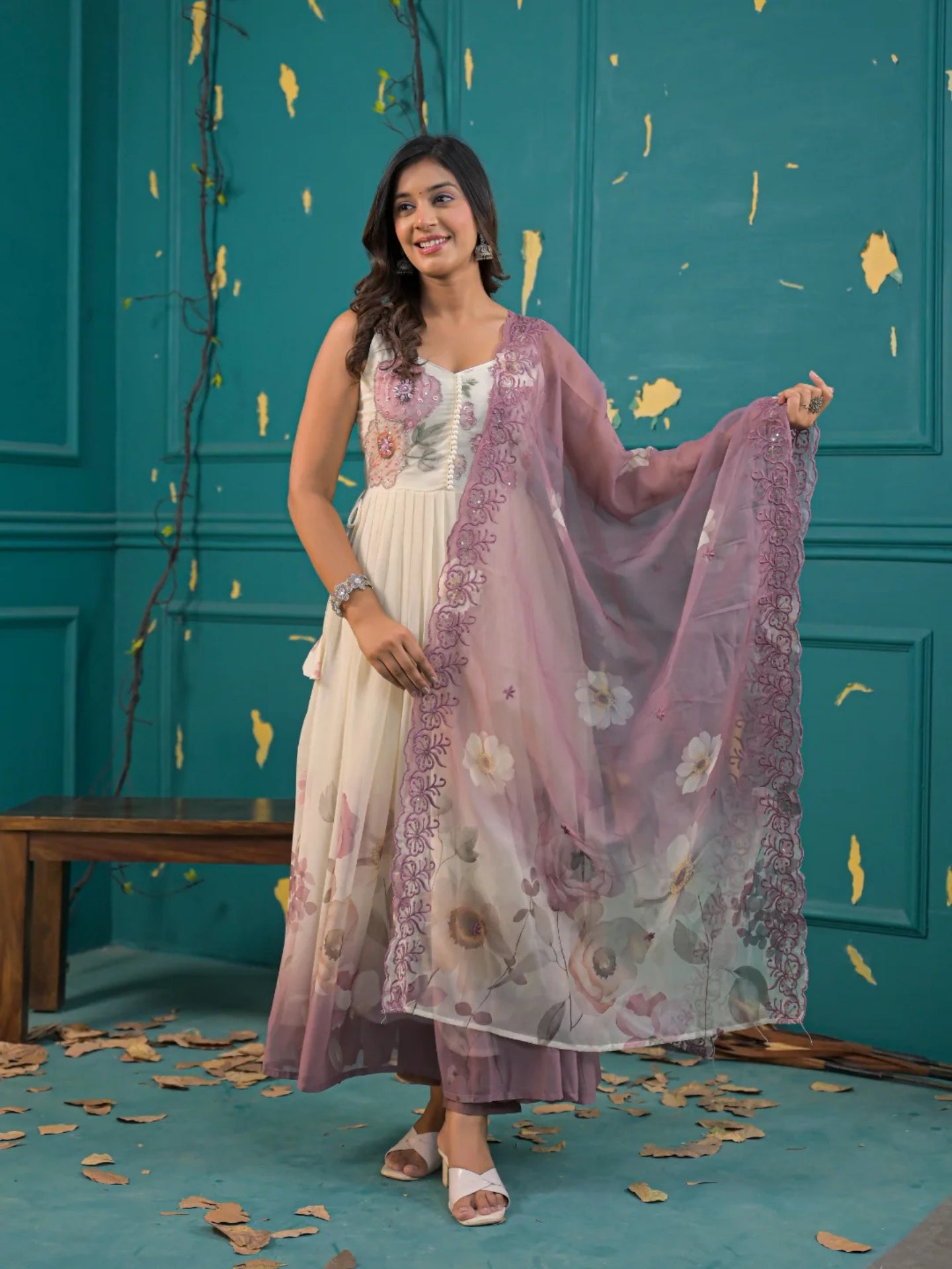 Women’s Cream & Mauve Floral Pure Chiffon Sleeveless Anarkali Kurta Pant with Dupatta – Set of 3 - LK Brand