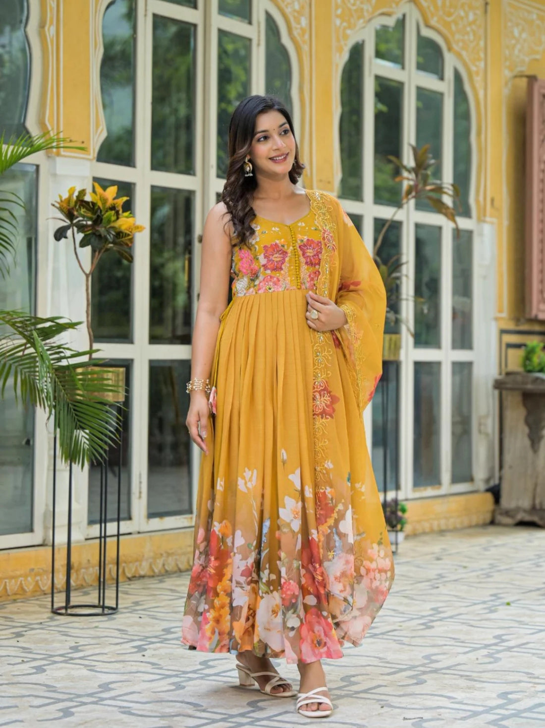 Women’s Pure Anarkali Chiffon Kurta Pant & Dupatta Set (Yellow) - LK Brand