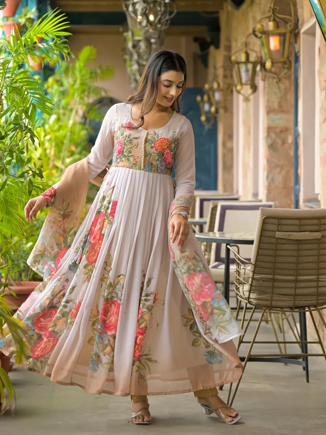 Women’s Pure Anarkali Chiffon Kurta Pant & Dupatta Set (Beige Floral) - LK Brand