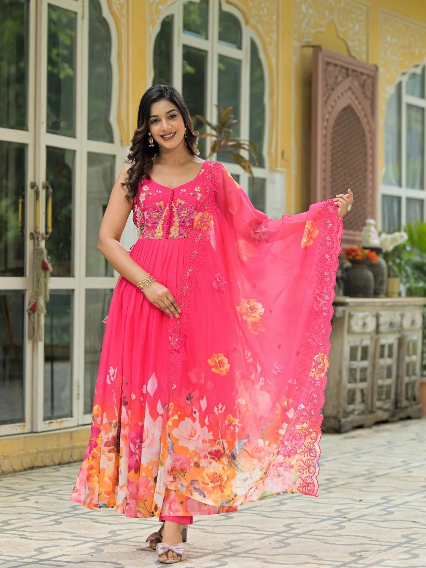 Women’s Pure Anarkali Chiffon Kurta Pant & Dupatta Set (Pink) - LK Brand
