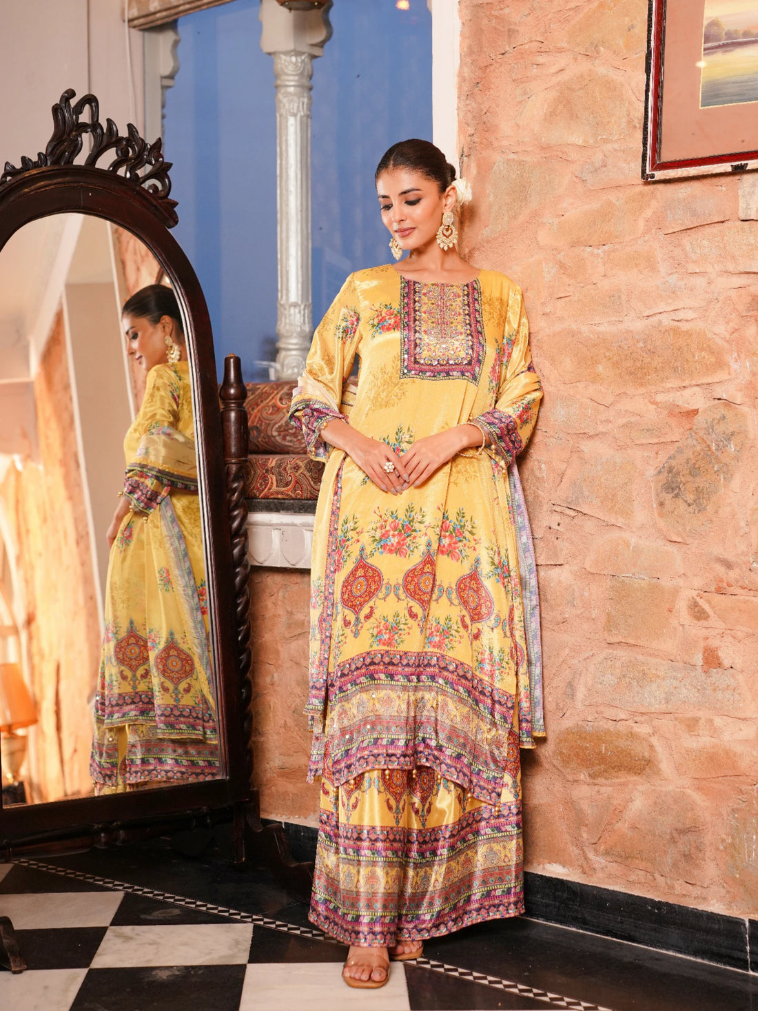 Women’s Pure Chinnon Straight Kurta with Divider Pant & Dupatta Set - LK Brand