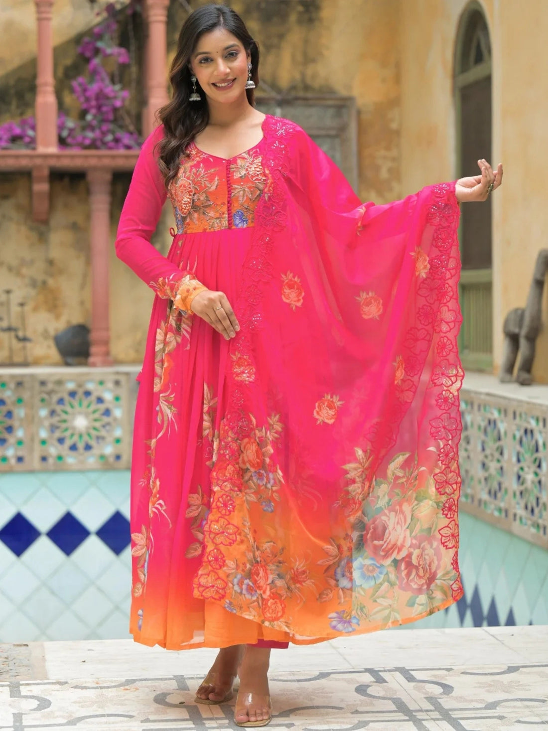 Women’s Pure Anarkali Chiffon Kurta Pant & Dupatta Set (Pink-Orange Ombre) - LK Brand