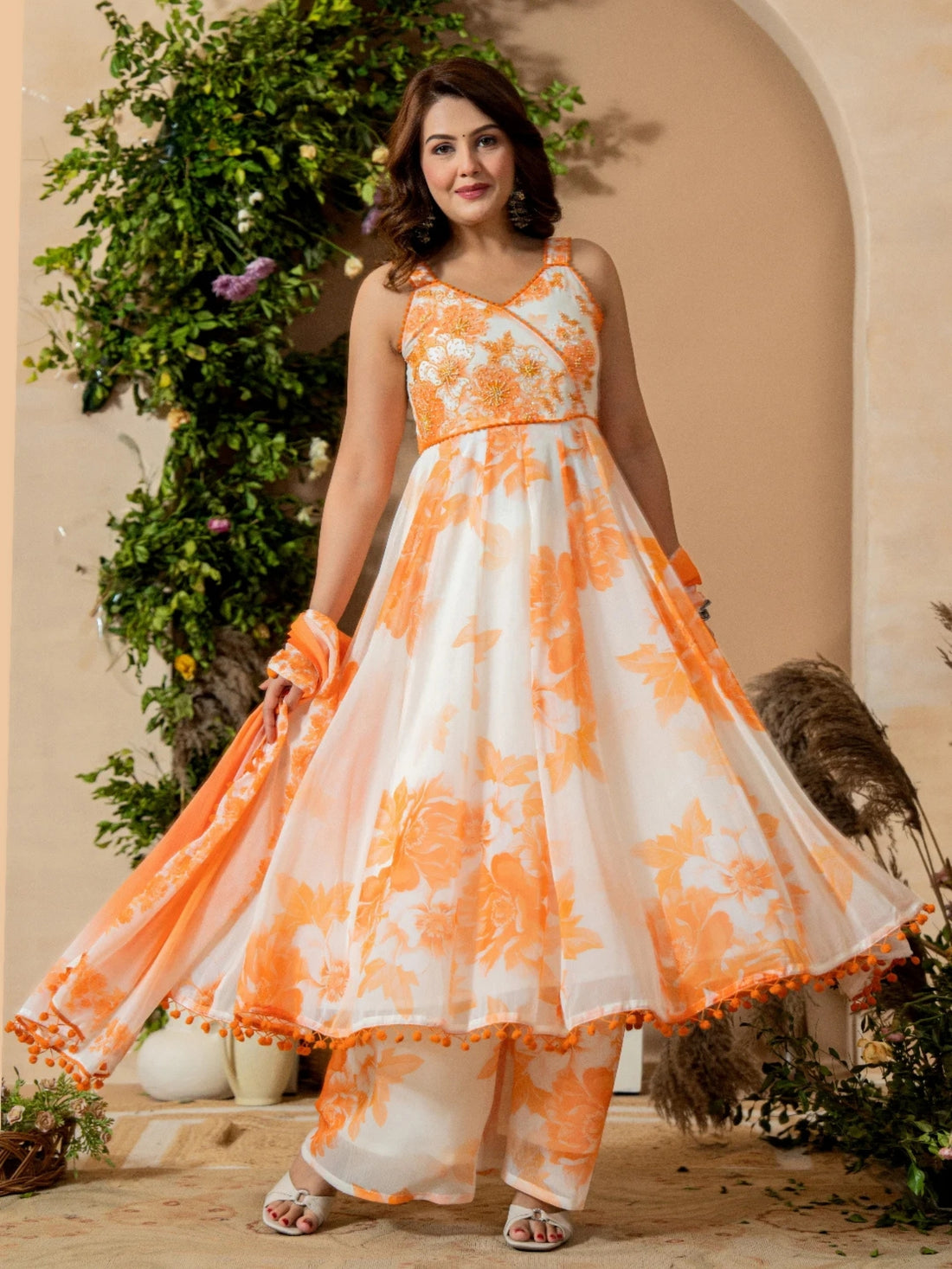 Women’s White-Rust Pure Anarkali Chiffon Pom Pom Kurta Divider Pant & Dupatta Set - LK Brand