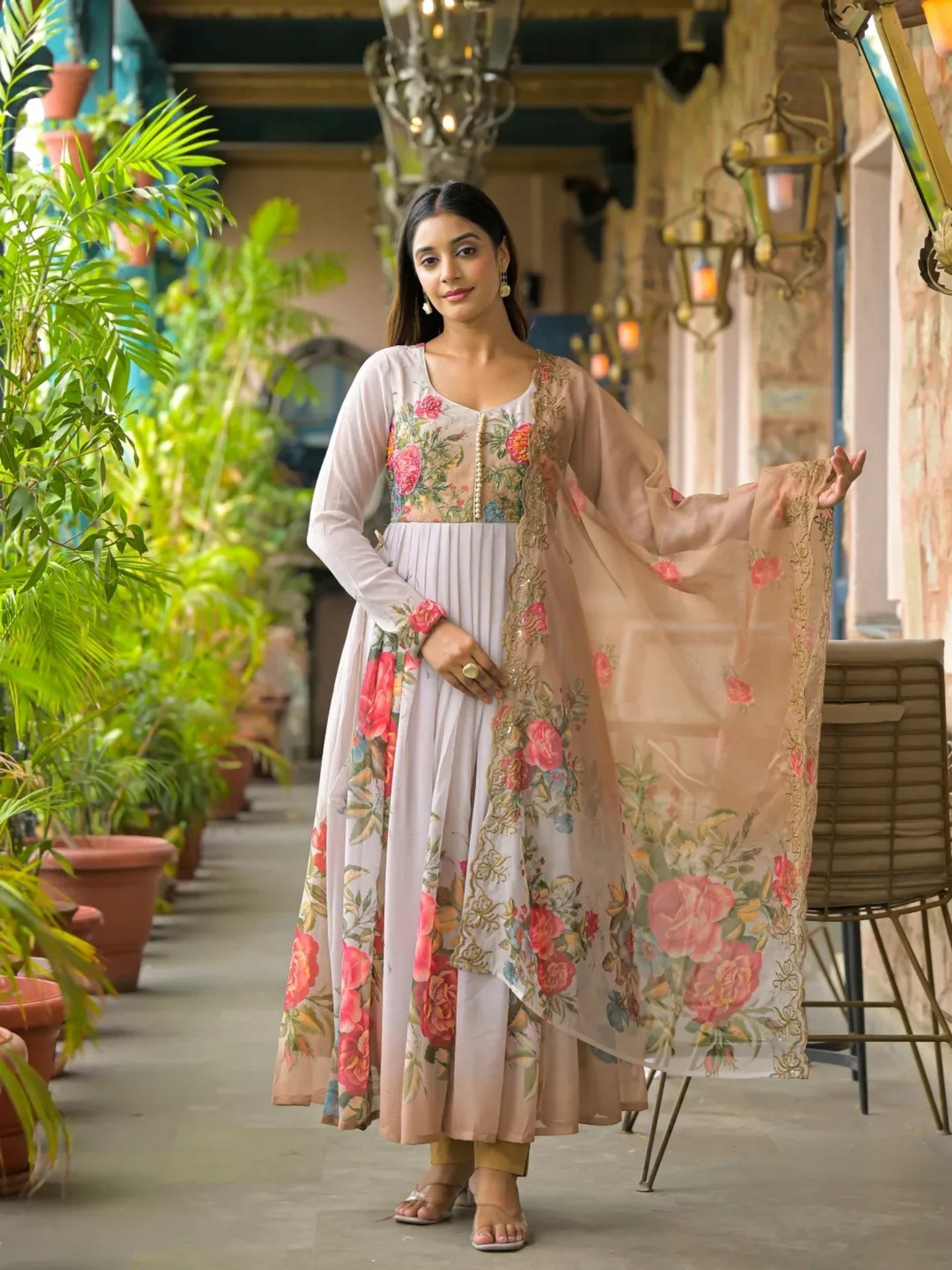 Women’s Pure Anarkali Chiffon Kurta Pant & Dupatta Set (Beige Floral) - LK Brand