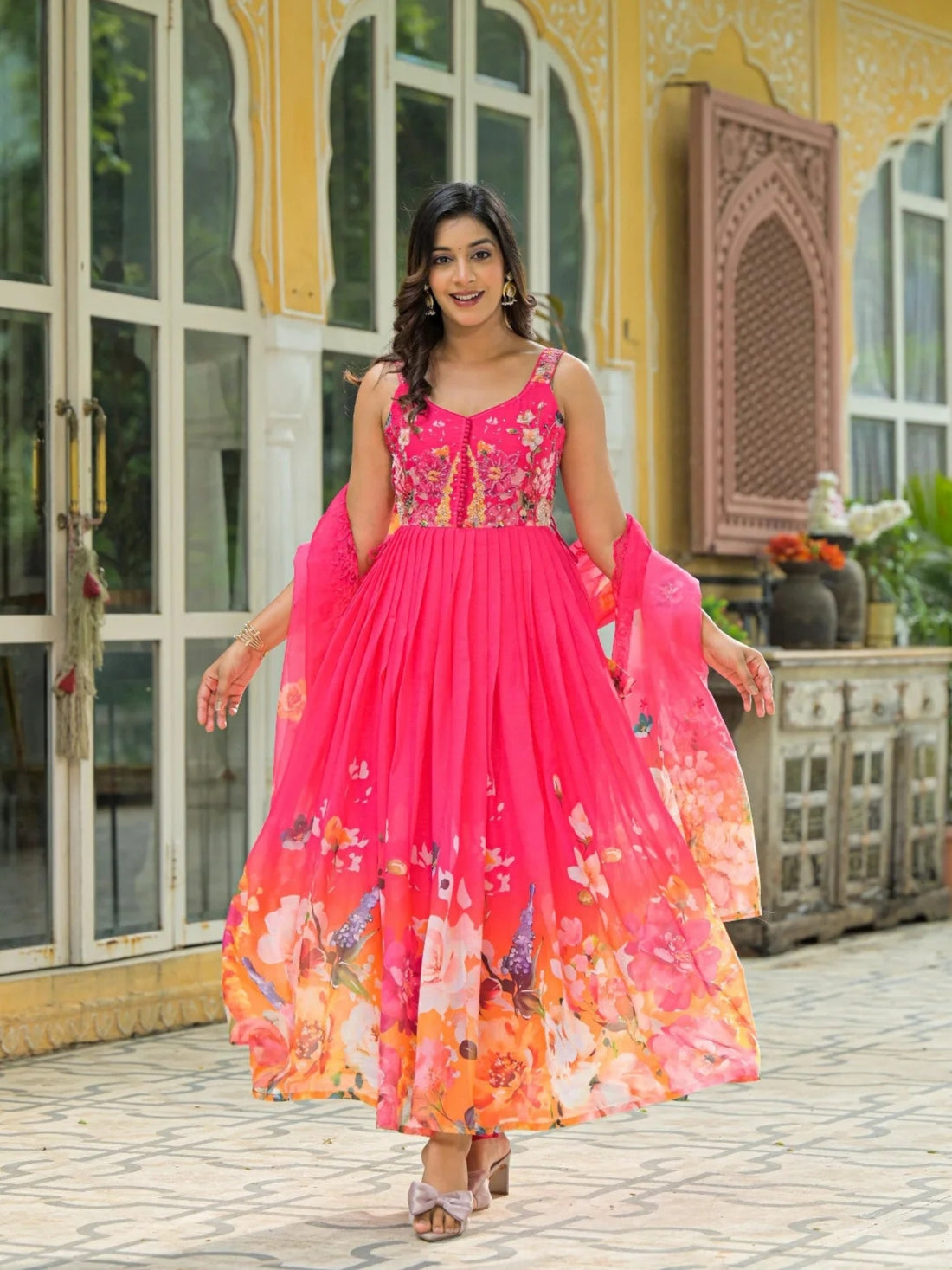 Women’s Pure Anarkali Chiffon Kurta Pant & Dupatta Set (Pink) - LK Brand
