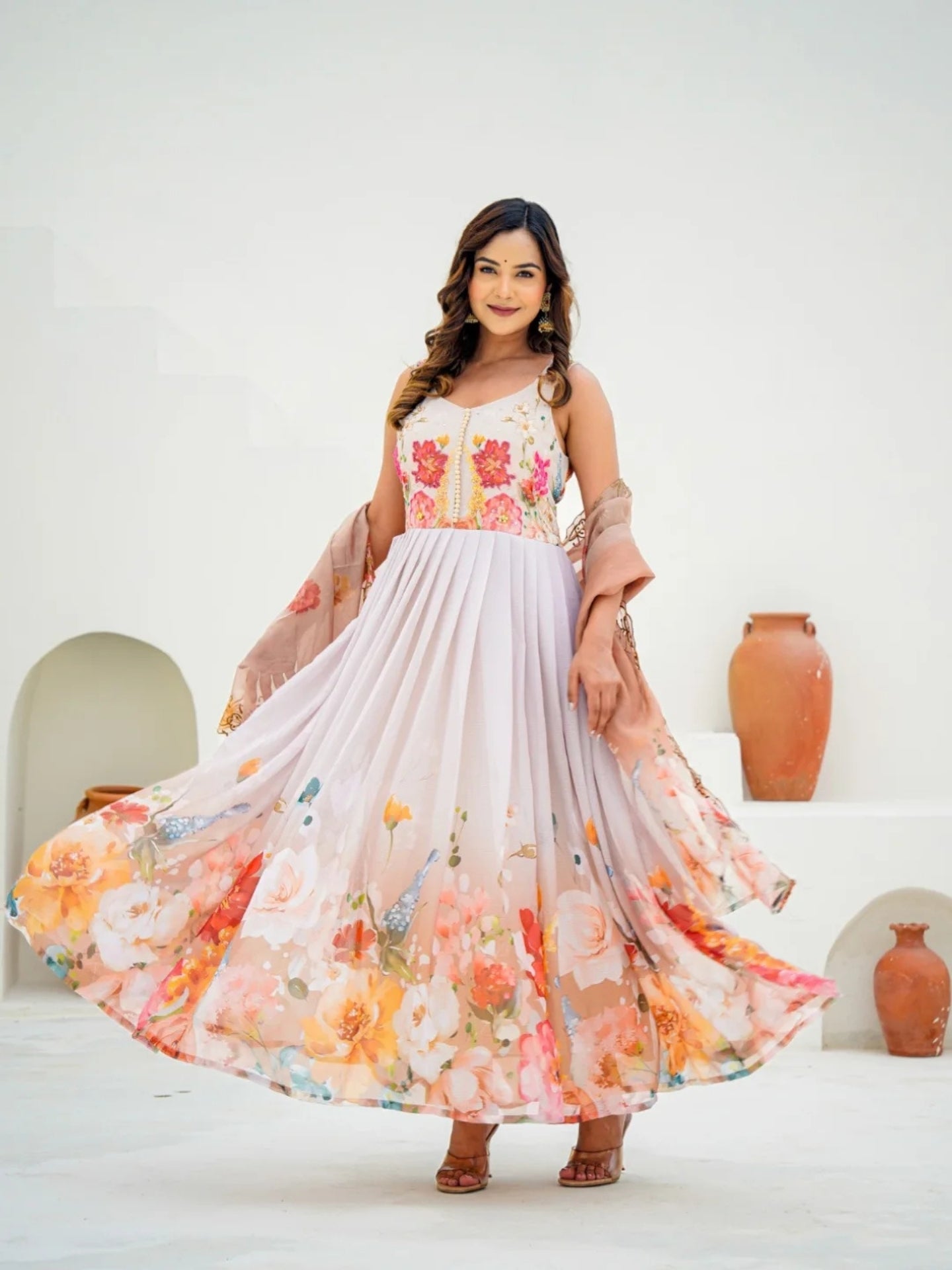 Women’s Pure Anarkali Chiffon Kurta Pant & Dupatta Set (White-Beige) - LK Brand