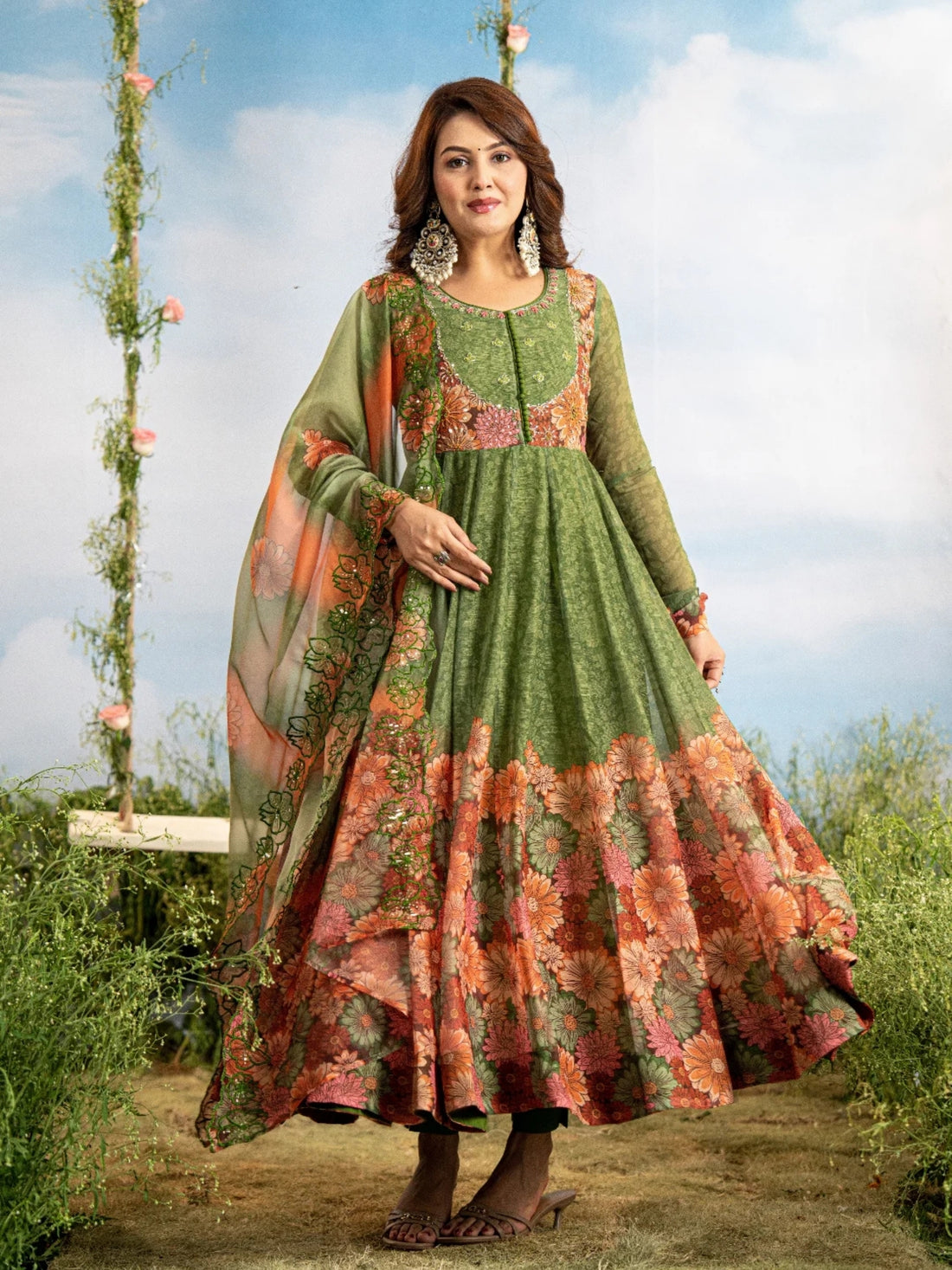Women’s Pure Anarkali Chiffon Kurta Pant & Dupatta Set (Green) - LK Brand