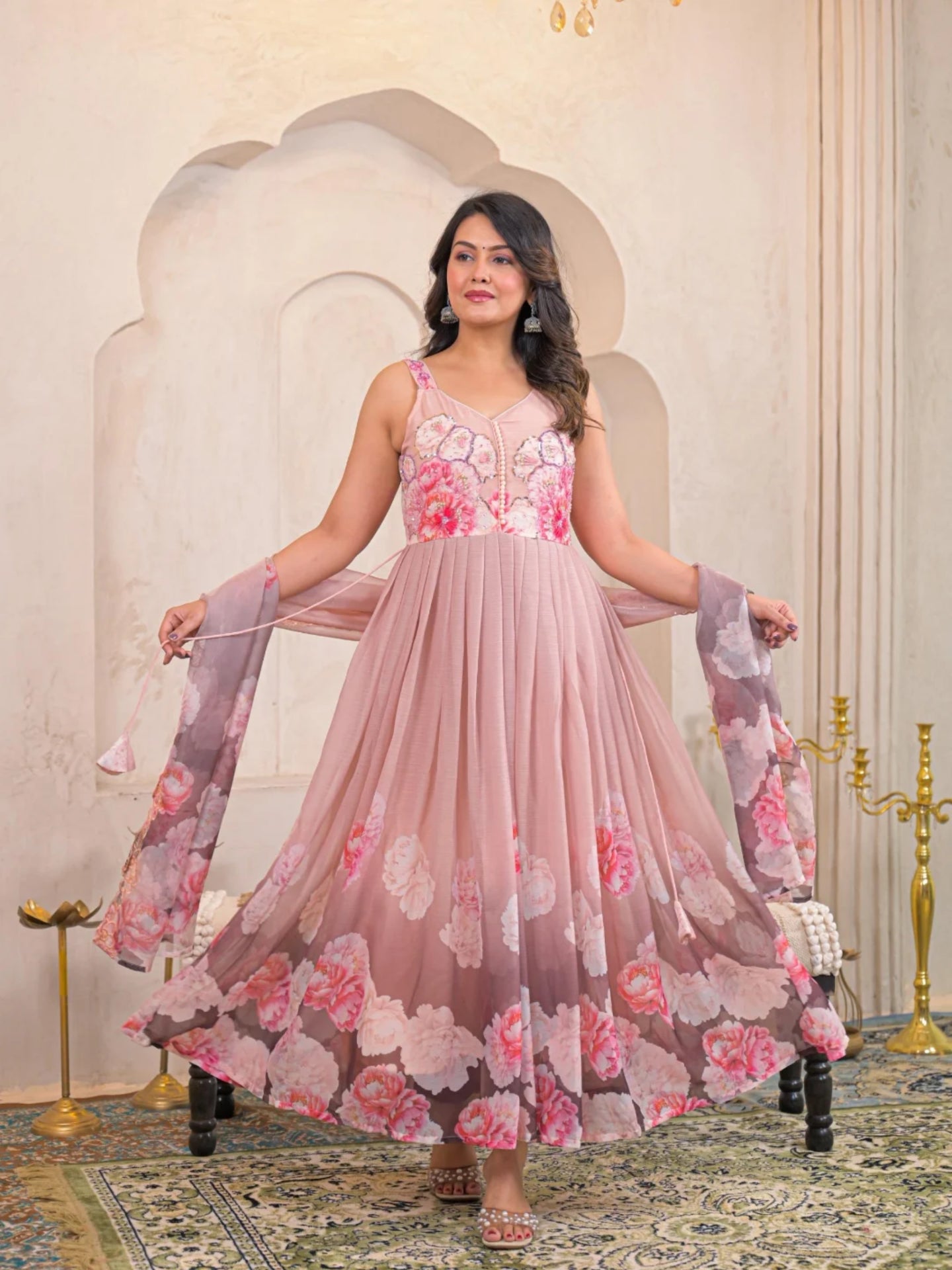 Women’s Pure Anarkali Chiffon Kurta Pant & Dupatta Set - LK Brand