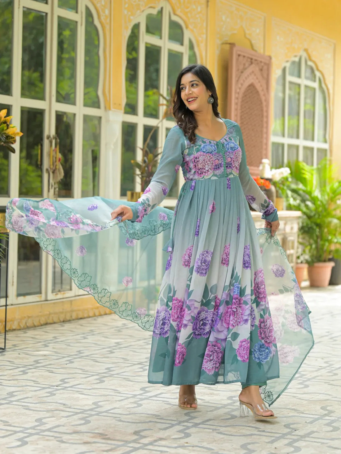 Women’s Teal Blue Floral Pure Chiffon Anarkali Kurta Pant with Dupatta – Set of 3 - LK Brand