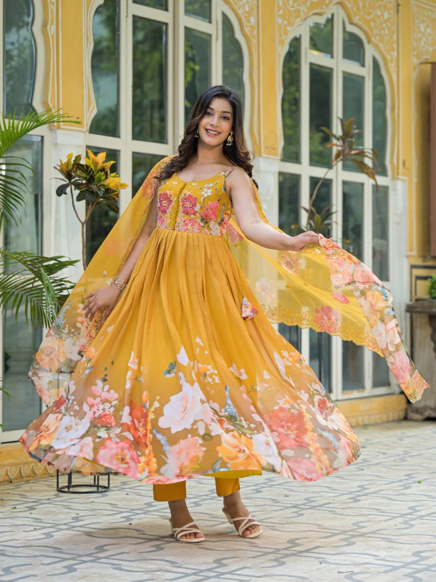 Women’s Pure Anarkali Chiffon Kurta Pant & Dupatta Set (Yellow) - LK Brand