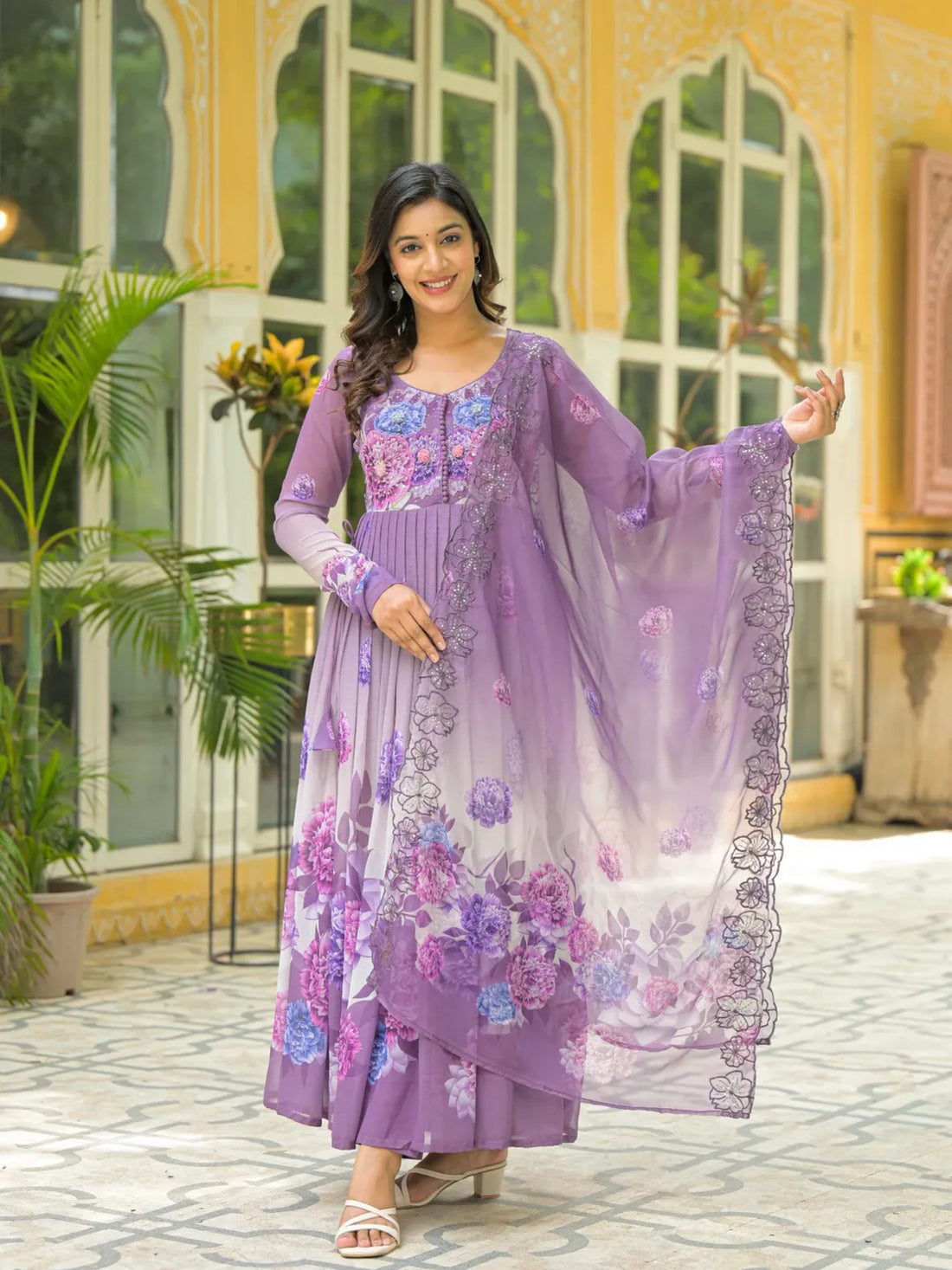 Women’s Lavender Purple Floral Pure Chiffon Anarkali Kurta Pant with Dupatta – Set of 3 - LK Brand