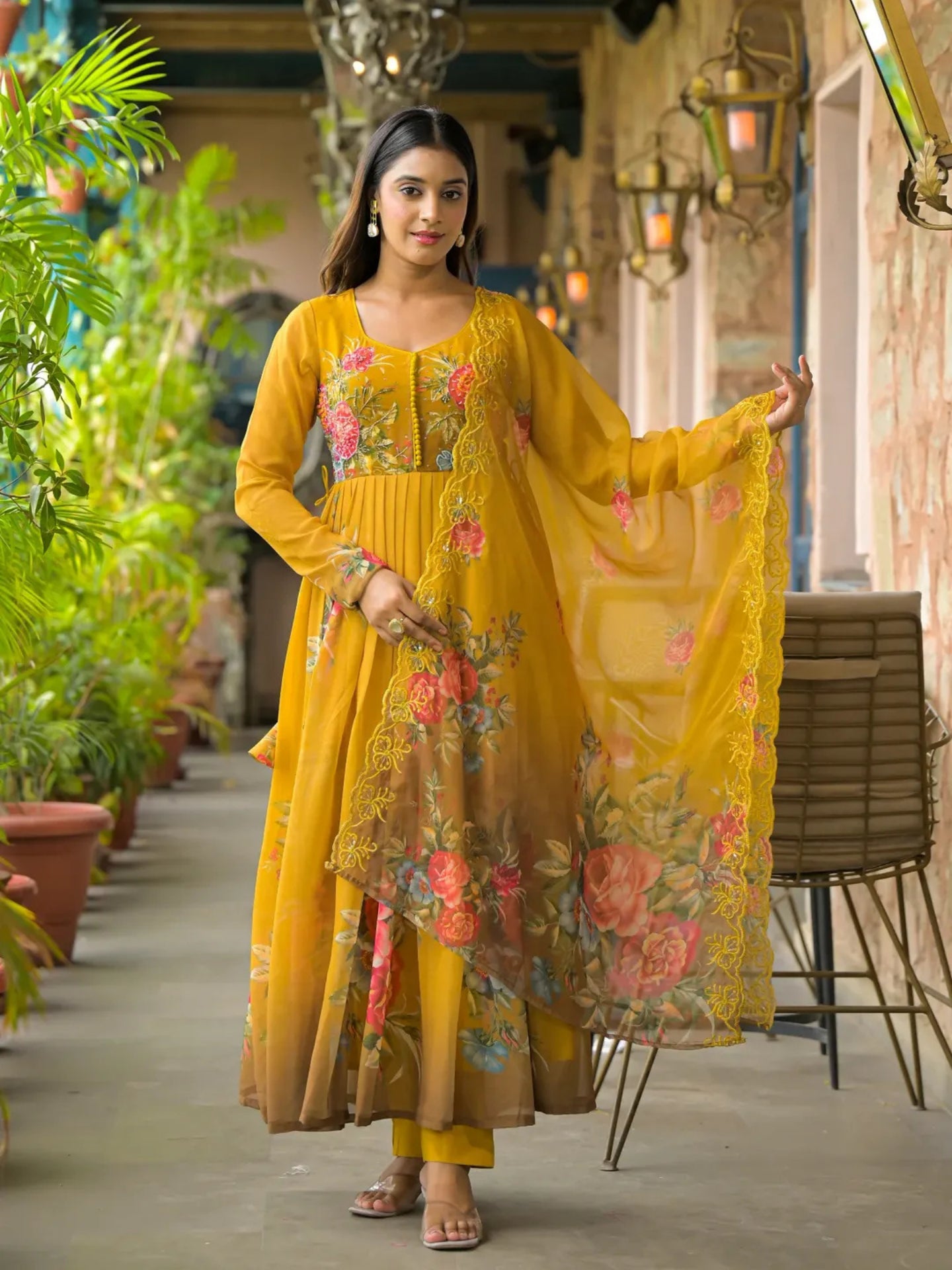 Women’s Mustard Yellow Floral Pure Chiffon Anarkali Kurta Pant with Dupatta – Set of 3 - LK Brand