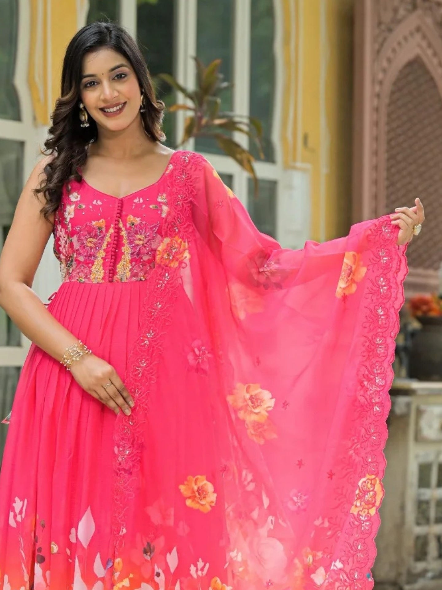Women’s Pure Anarkali Chiffon Kurta Pant & Dupatta Set (Pink) - LK Brand