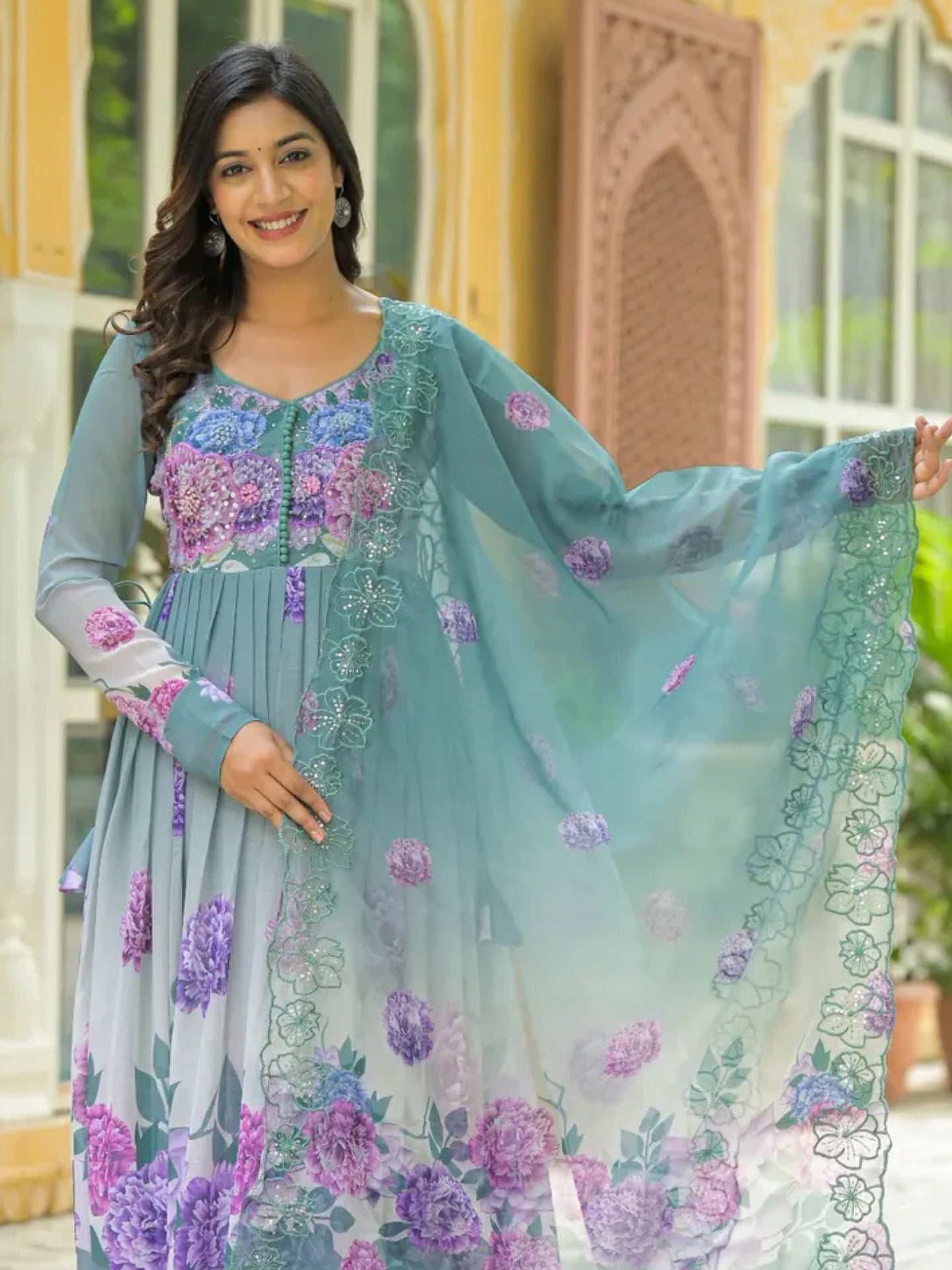 Women’s Teal Blue Floral Pure Chiffon Anarkali Kurta Pant with Dupatta – Set of 3 - LK Brand