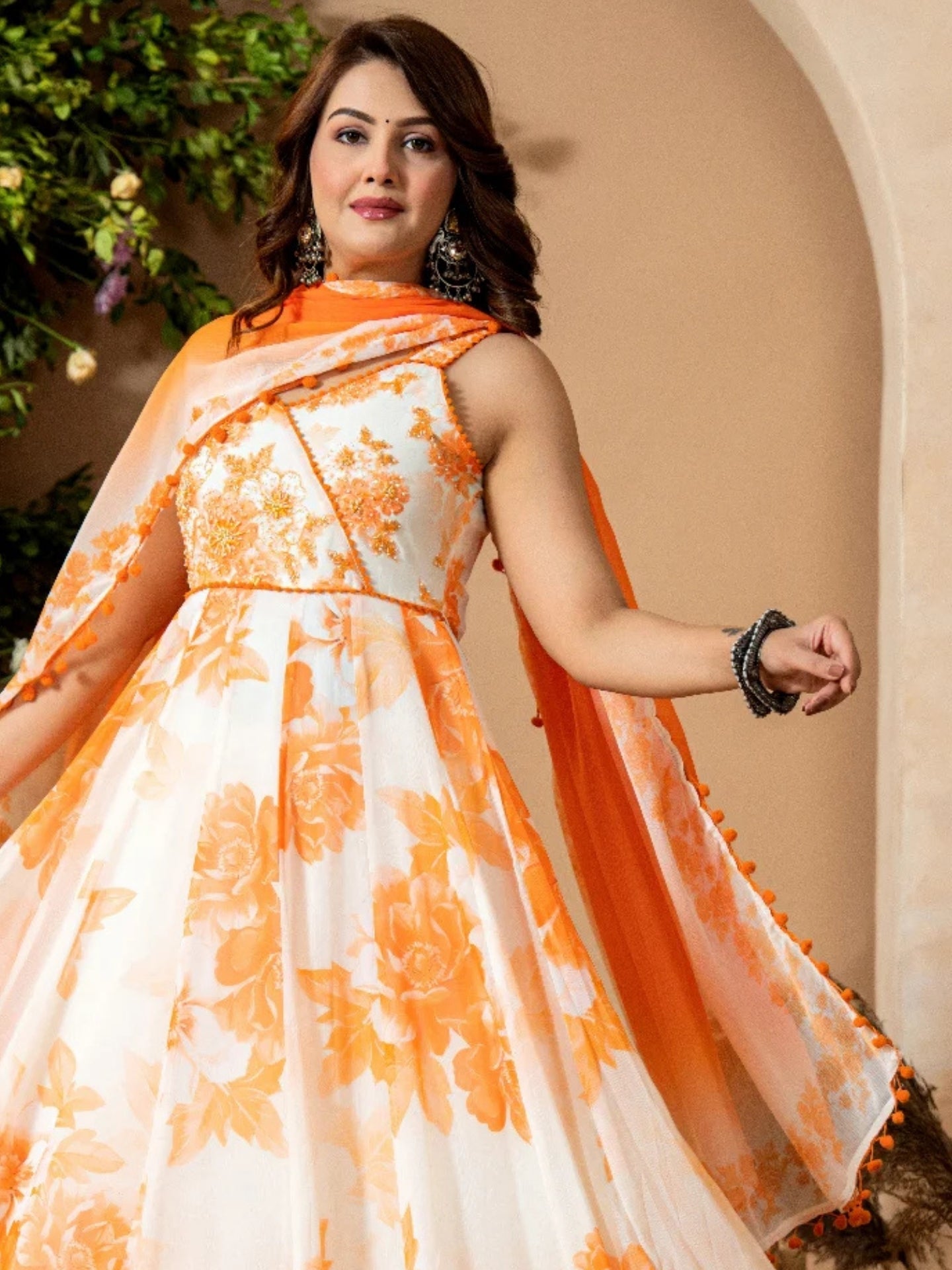 Women’s White-Rust Pure Anarkali Chiffon Pom Pom Kurta Divider Pant & Dupatta Set - LK Brand