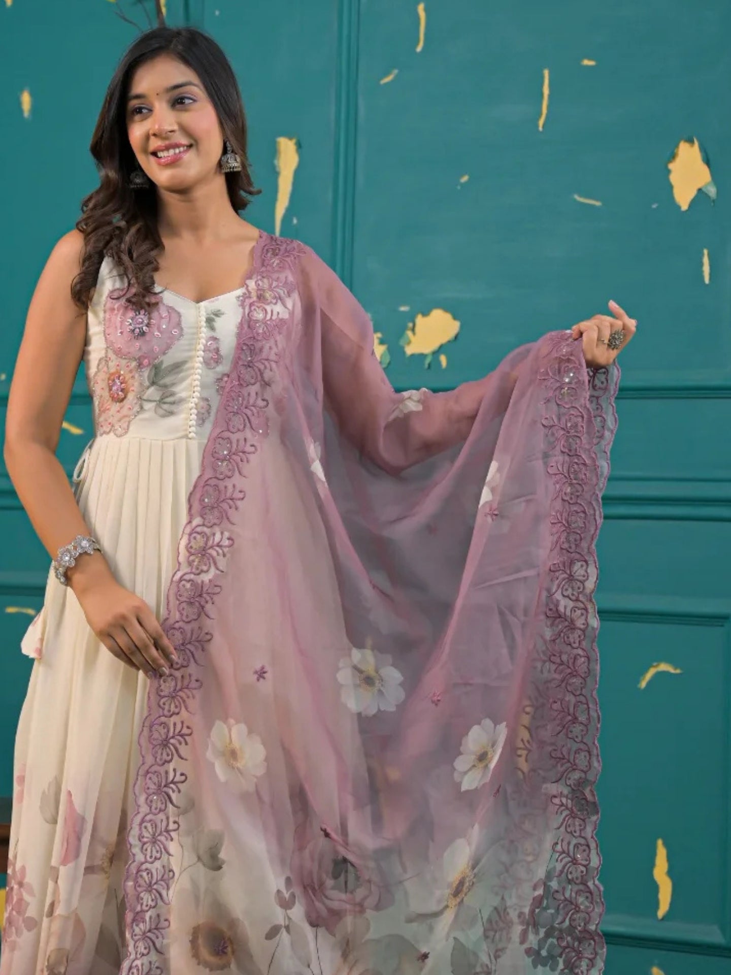 Women’s Cream & Mauve Floral Pure Chiffon Sleeveless Anarkali Kurta Pant with Dupatta – Set of 3 - LK Brand